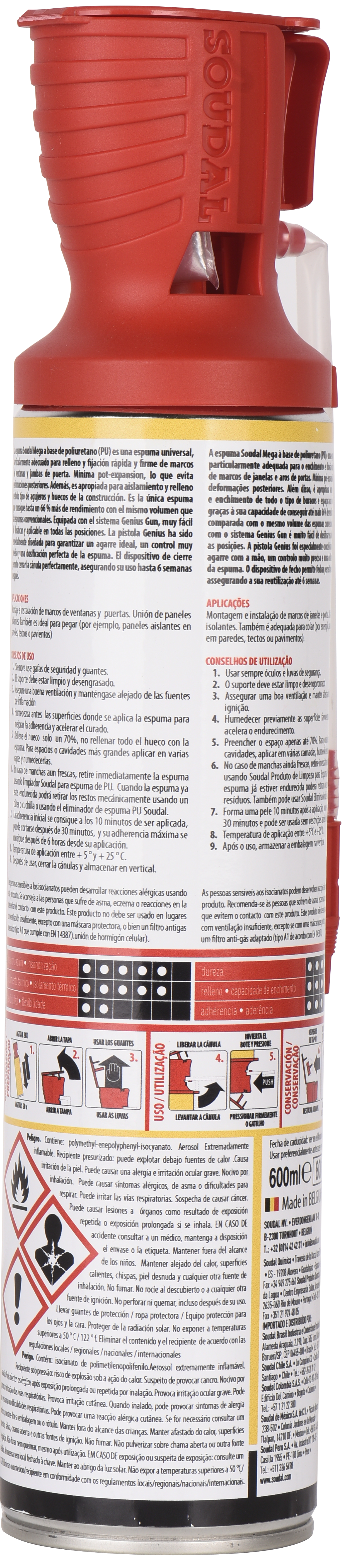 Espuma de poliuretano SOUDAL Genius Mega 600 ml para puertas, ventanas y paredes en color amarillo. Tiempo de secado 20-25 minutos. Aplicación manual. - 8