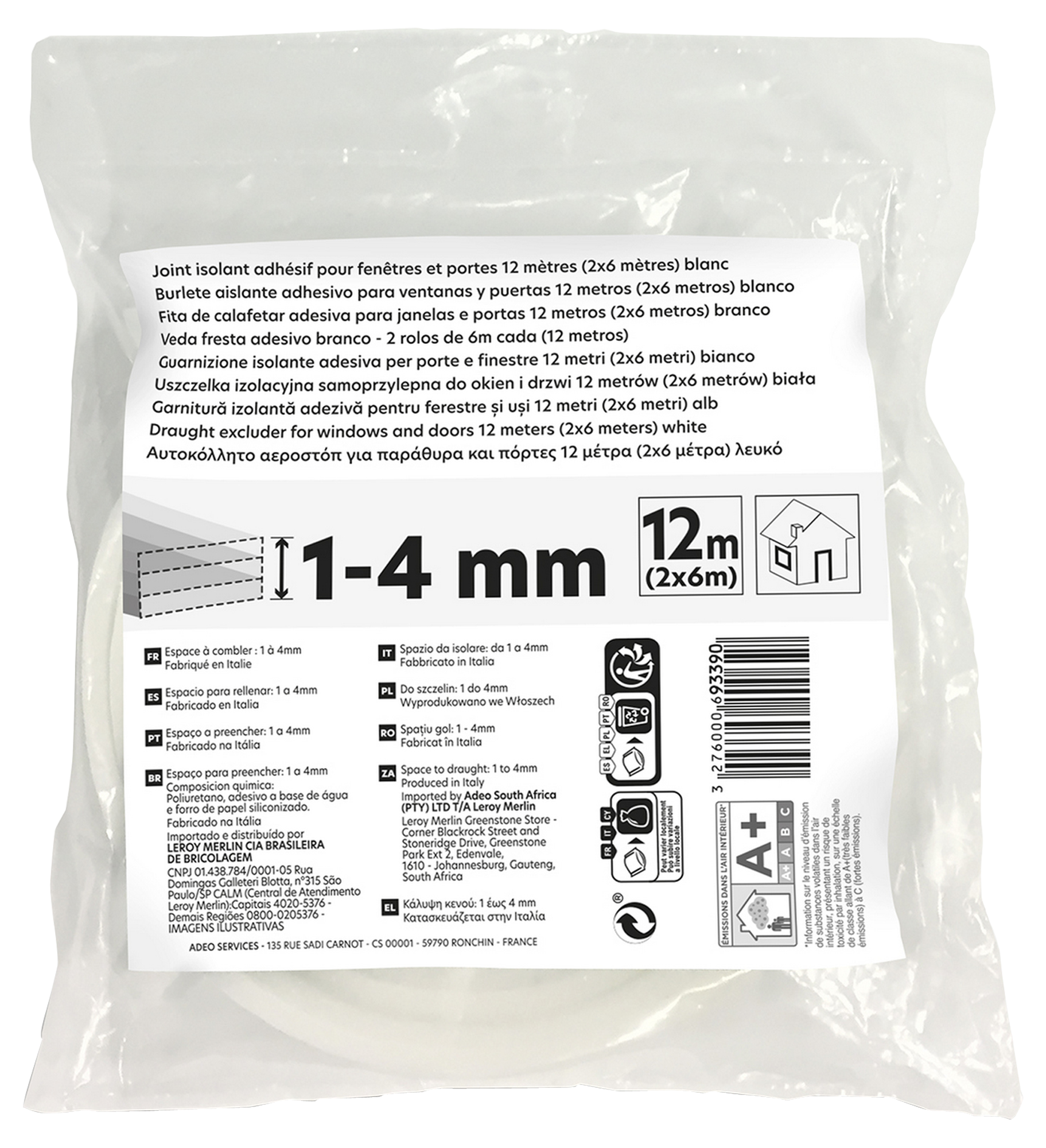 Burlete para ventanas y puertas espuma en color blanco, 4 mm de espesor x 9 mm de anchura x 12 m de longitud. Perfil junta plano. Recortable. Tipo de instalación encolado. - 2