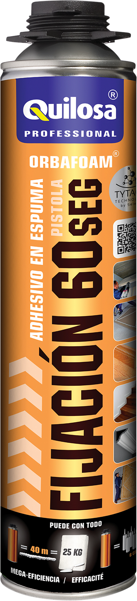 Espuma de poliuretano QUILOSA Orbafoam fijación 60 segundos 750 ml para paredes en color amarillo. Tiempo de secado 1 minuto. Aplicación con pistola. - 6