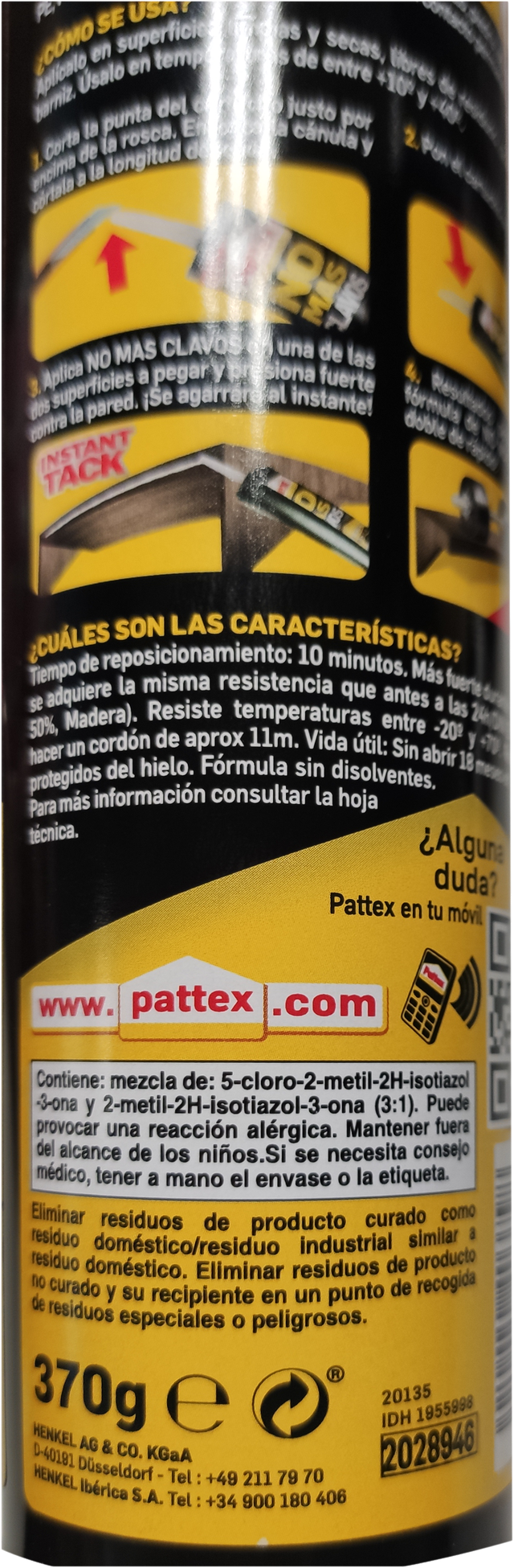 Adhesivo montaje PATTEX No Más Clavos 370 gr transparente para aluminio, madera, metal, aplicación con pistola, resiste a las heladas. Para fijar un material a una superficie.