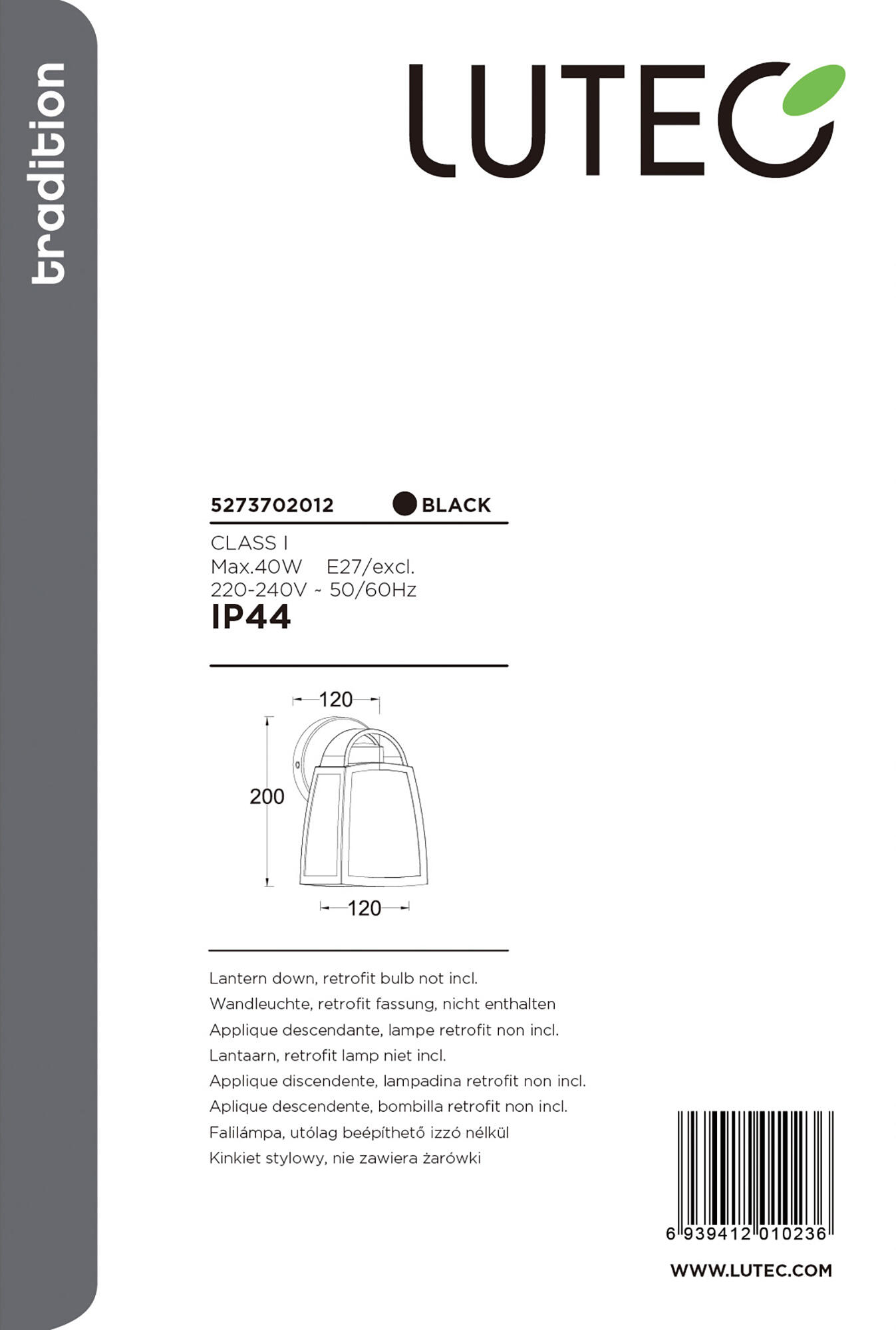 Applique classico da esterno Klesey nero IP44 E27 LUTEC - 5