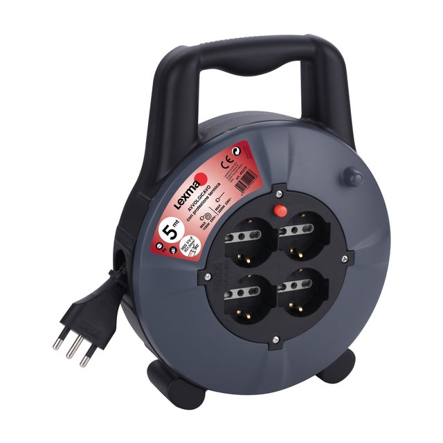 Avvolgicavo LEXMAN 5m cavo H05VV-F 3G1.5 mm² 4 prese, presa schuko spina 2P+T per uso domestico