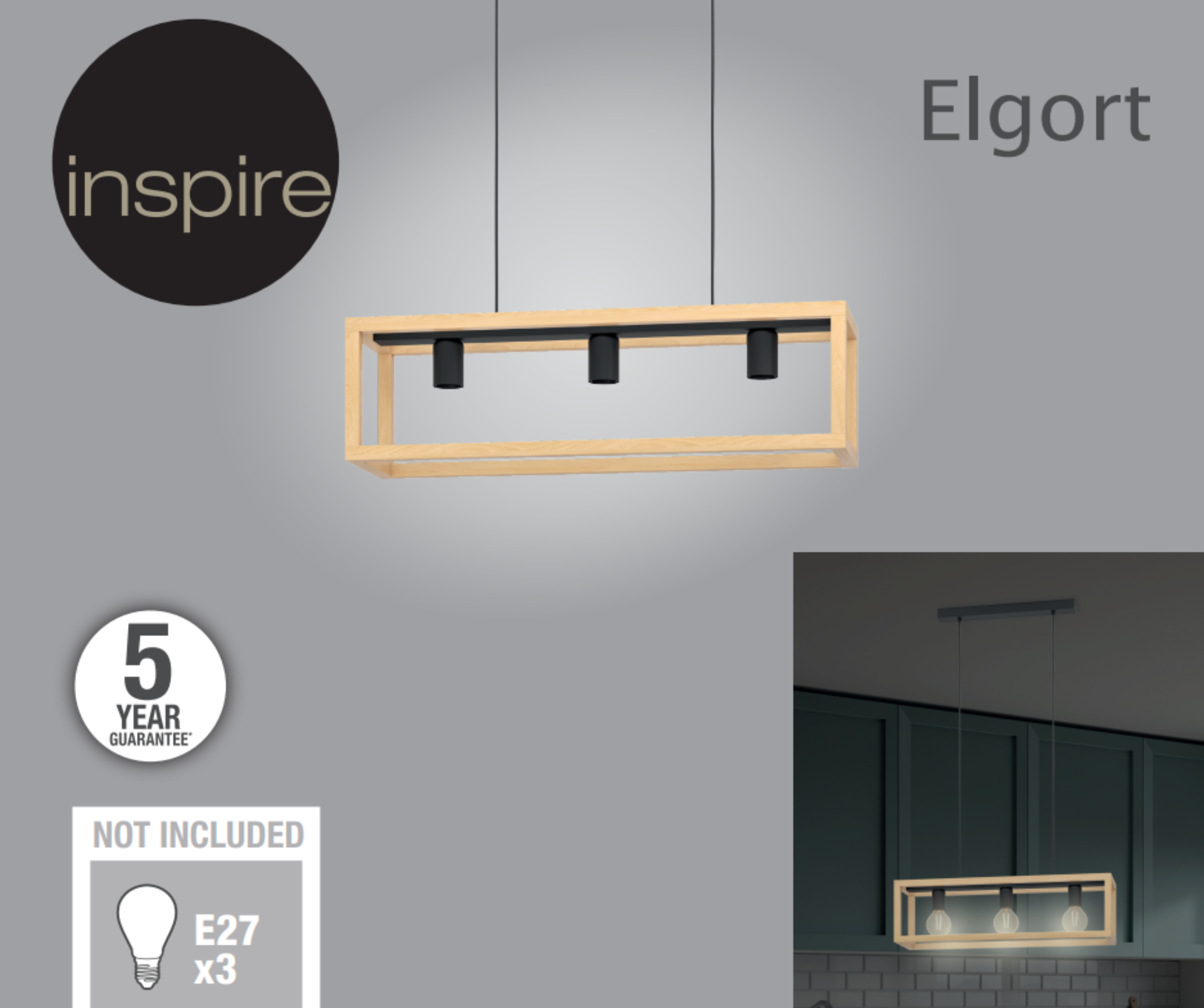 Candeeiro de teto suspenso INSPIRE ELGORT E27 3 LUZES METAL/MADEIRA PRETO - 17