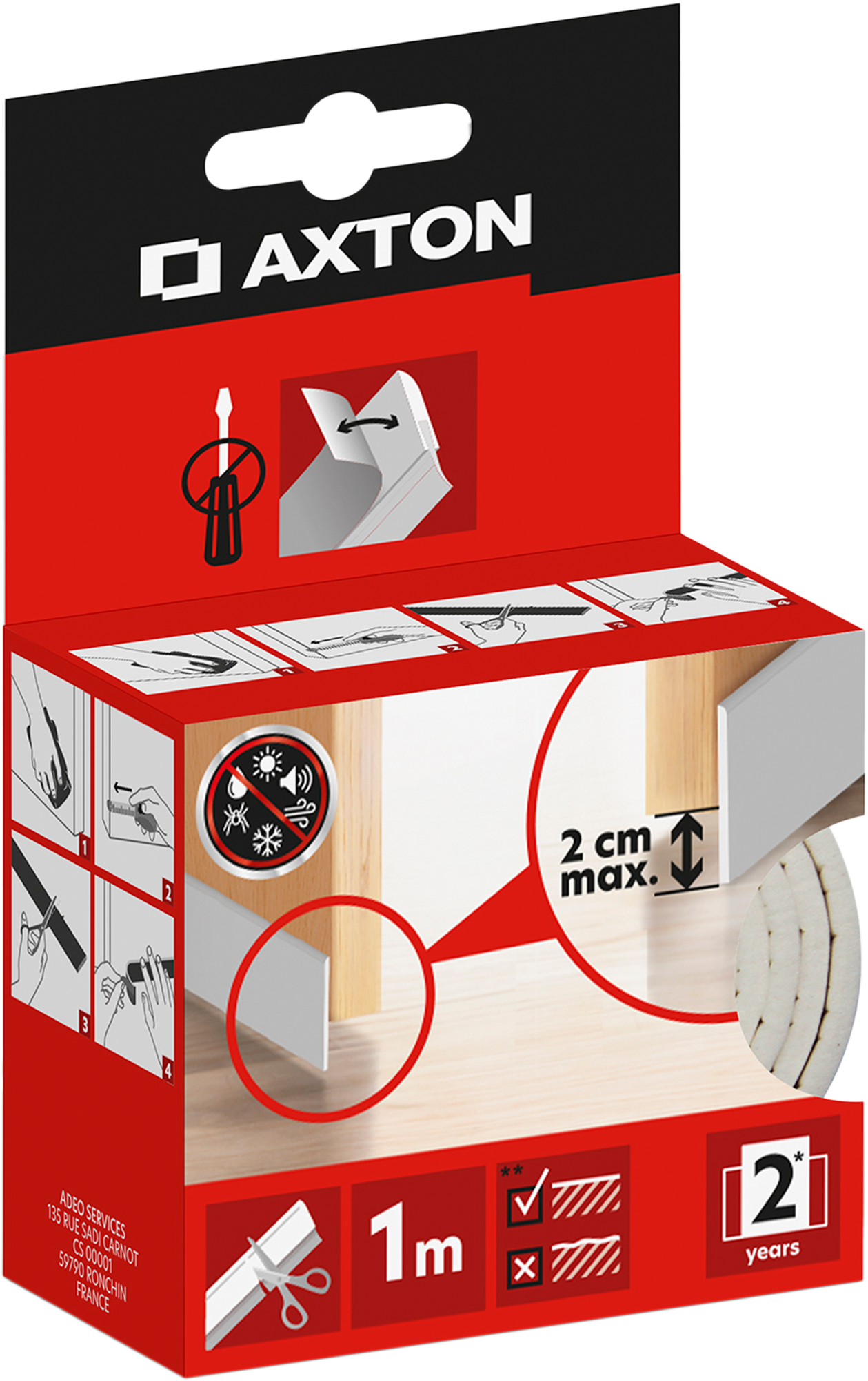 Burlete de puerta interior AXTON adhesivo goma en color blanco, 20 mm de espesor x 3.6 cm de altura x 100 cm de longitud. Perfil junta plano. Recortable. Tipo de instalación encolado. - 6