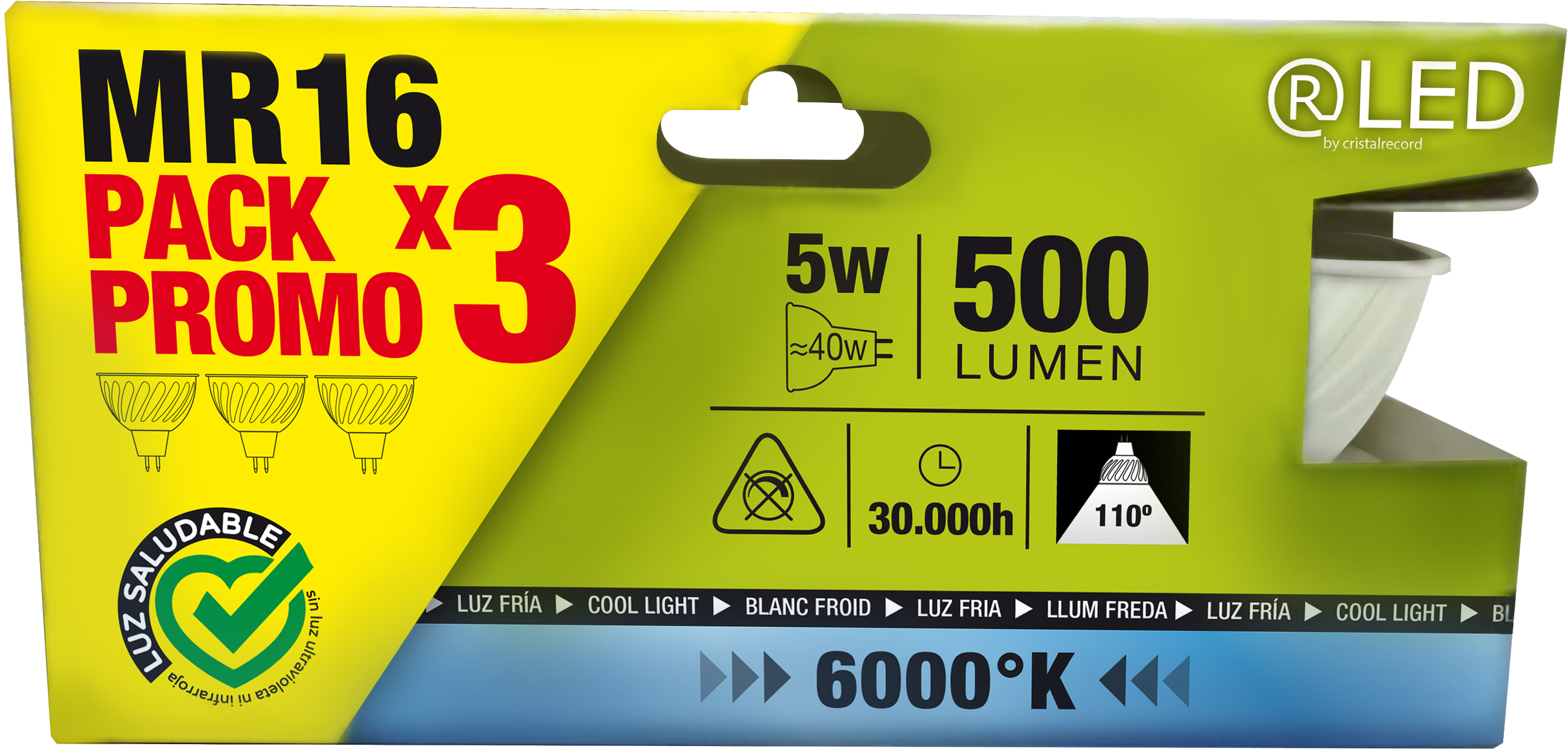 Pack de 3 bombillas LED GU5.3 500 lúmenes 5W color de la luz blanco frío 6000K clase energética E - 2