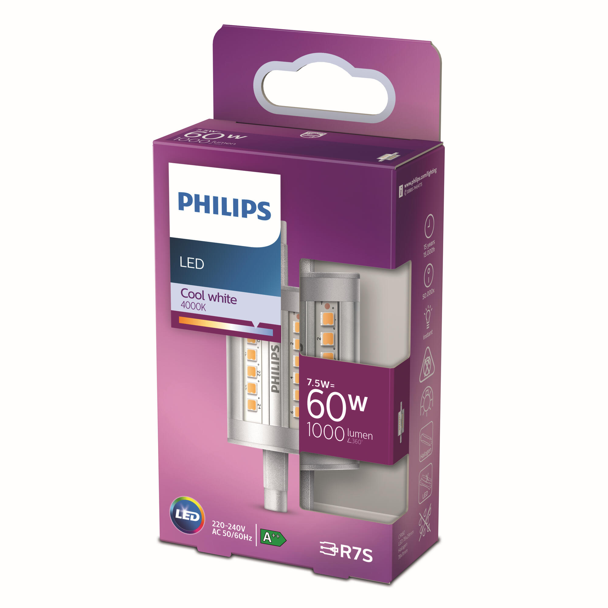Lampadina LED, R7S lineare, trasparente, luce naturale, 7.5W= 950 LM 360°, PHILIPS - 2