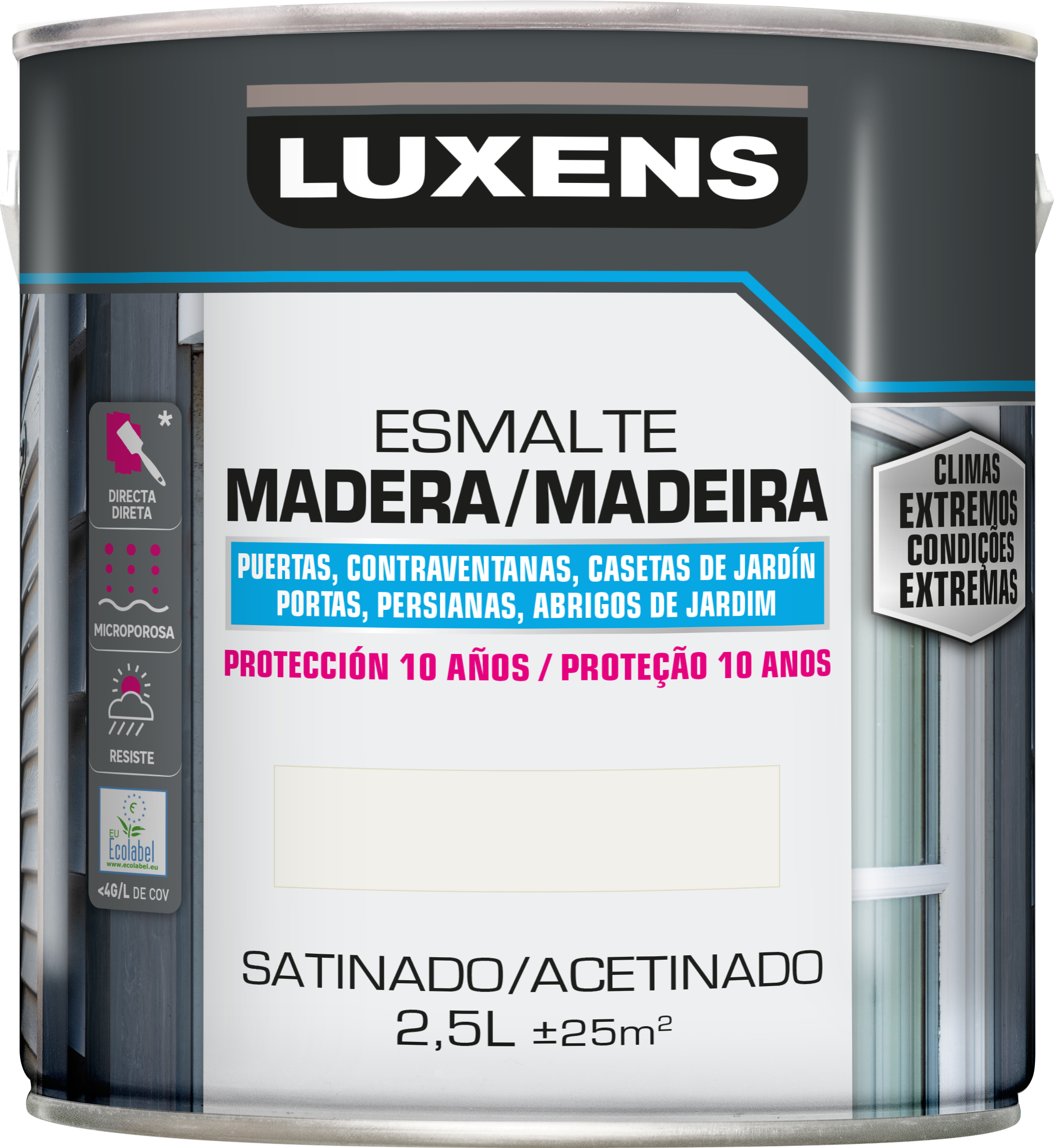 Pintura exterior color white para madera, persiana, puerta LUXENS satinado 2.5L base agua - 2