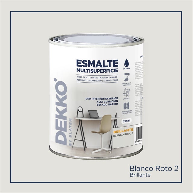 Esmalte de interior multisuperficies agua DEKKO color blanco roto2 brillante 750ml para puertas, muebles, paredes, carpintería y cerámica