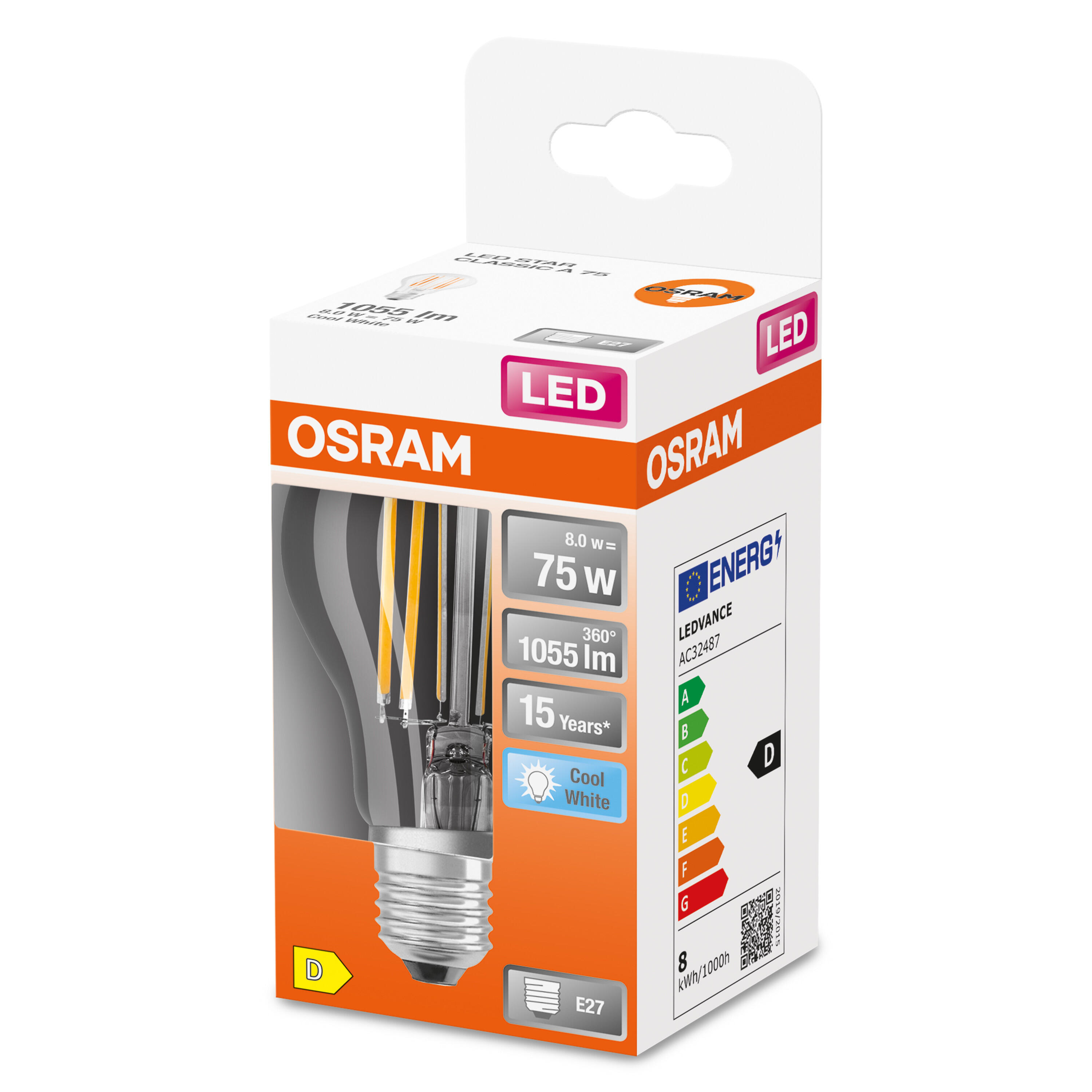 Lampadina LED filamento, E27 goccia, trasparente, luce naturale, 7.5W= 1055 LM (equiv 75 W), 300°, OSRAM - 2