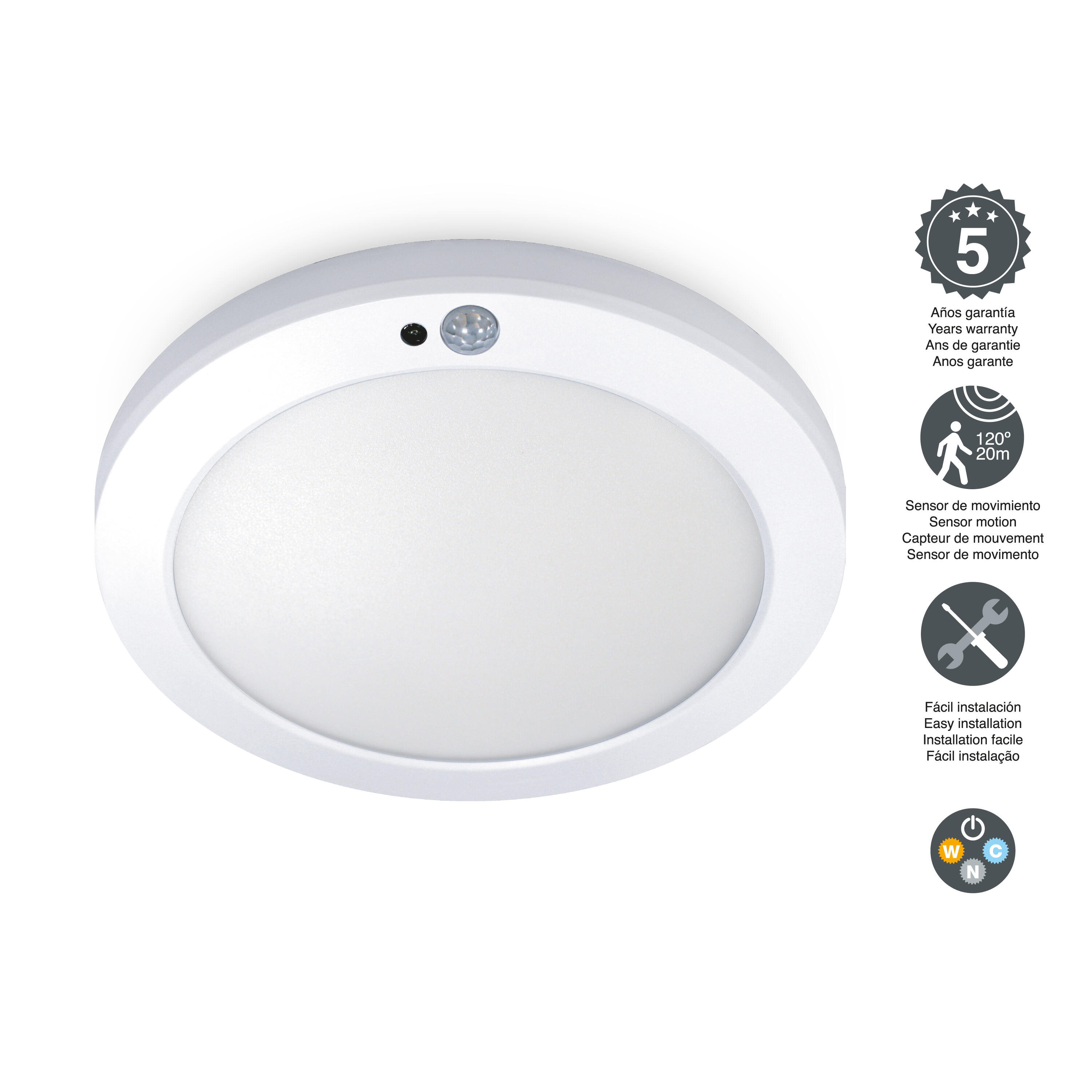 Downlight LED de superficie CRISTAL RECORD Seul blanco redondo ø22 cm 1750 lm 20 W color luz de cálida a fría CCT (3000K-6500K) IP20 - Foco LED de superficie para techos con selección de Kelvin antes de la instalación y sensor crepuscular - 2