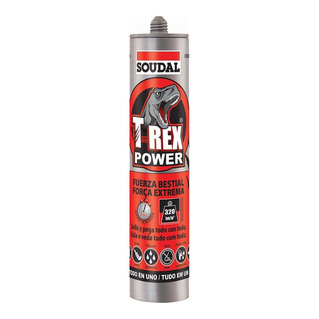 Adhesivo de montaje SOUDAL T-REX POWER 290 ml negro para madera, hormigón, aplicación con pistola, resiste a las torsiones. Para fijar un material a una superficie.