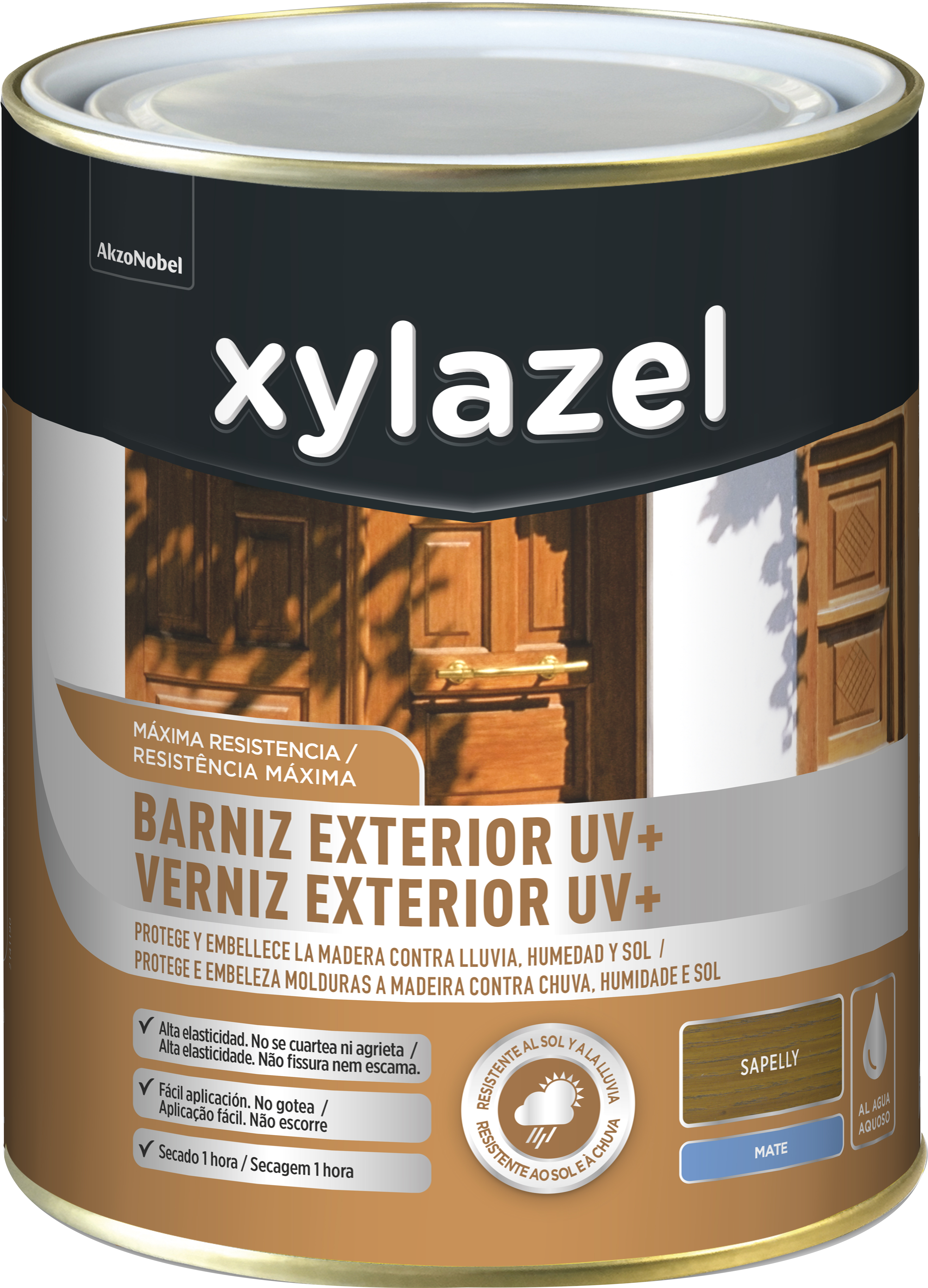 Barniz de madera de exterior color sapelly para ventana, puerta, persiana, valla, mobiliario, cancela xylazel mate 2.5l base agua