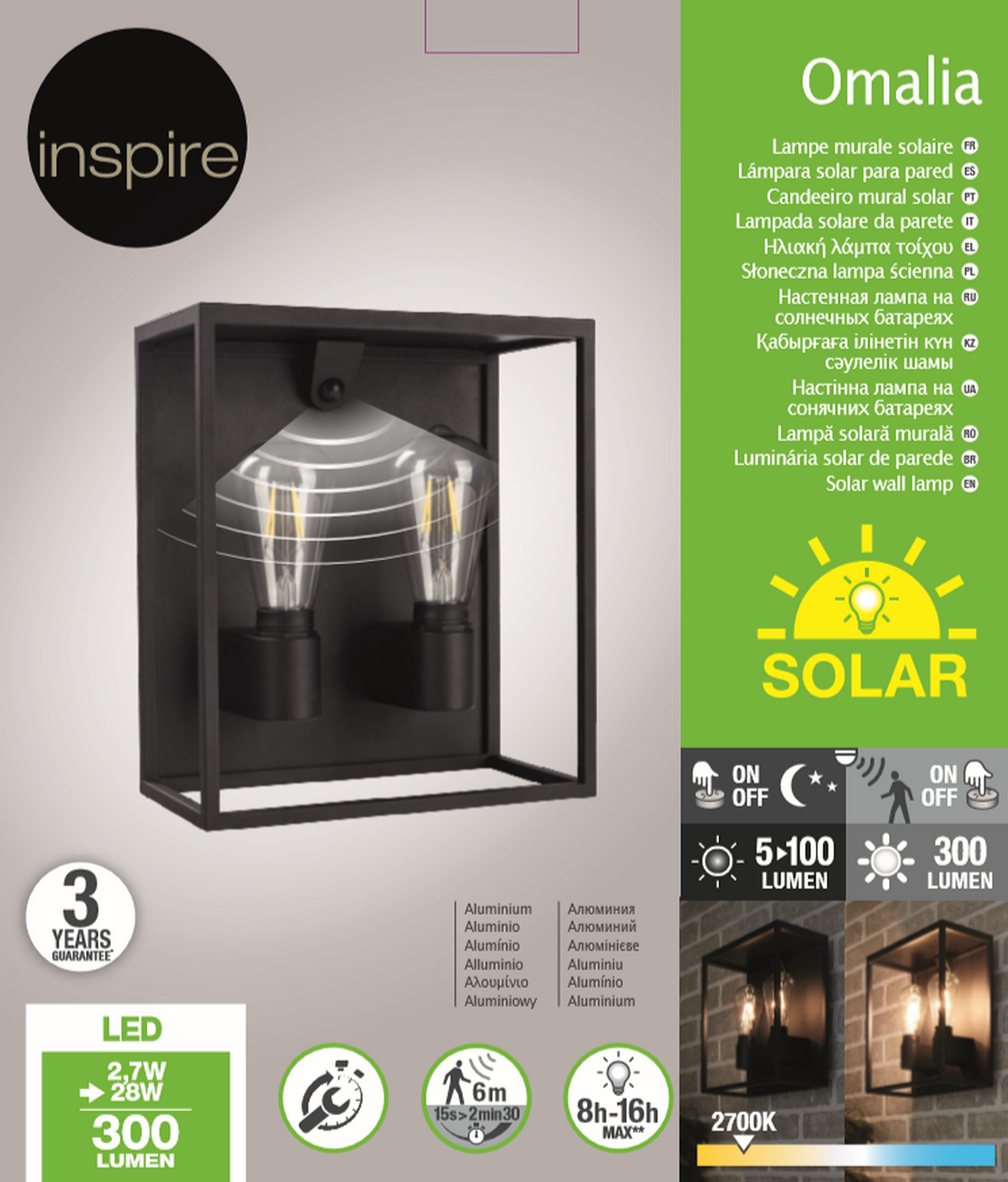 Candeeiro de parede exterior solar Omalia 300lm 2700K Inspire - 6