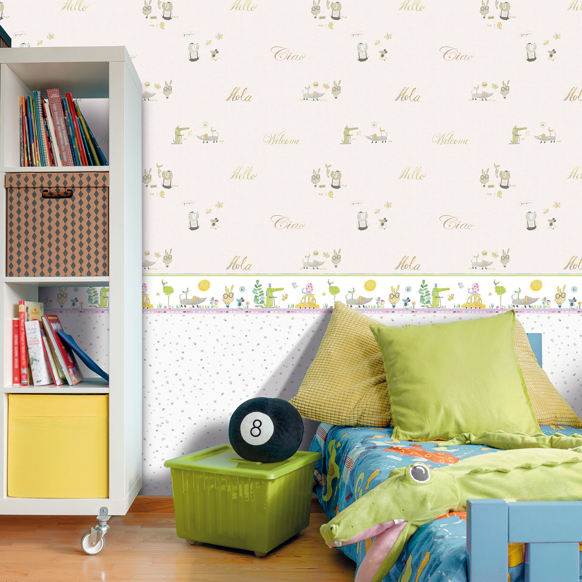 Papel pintado vinilo texto bonjour ciao amarillo