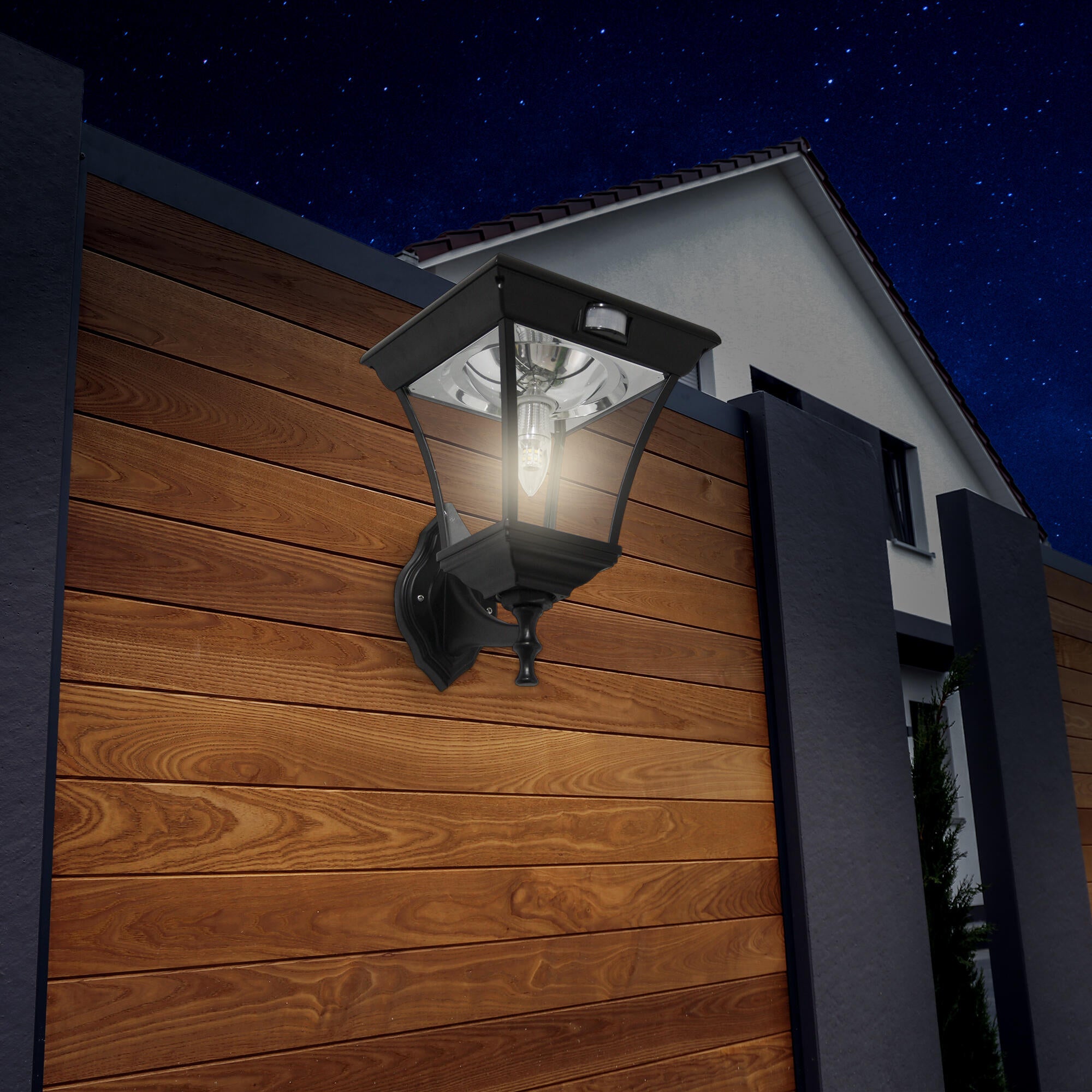 Aplique solar exterior luz LED blanco cálido Pegaso aluminio negro con sensor crepuscular y detector de movimiento IP44 - 12