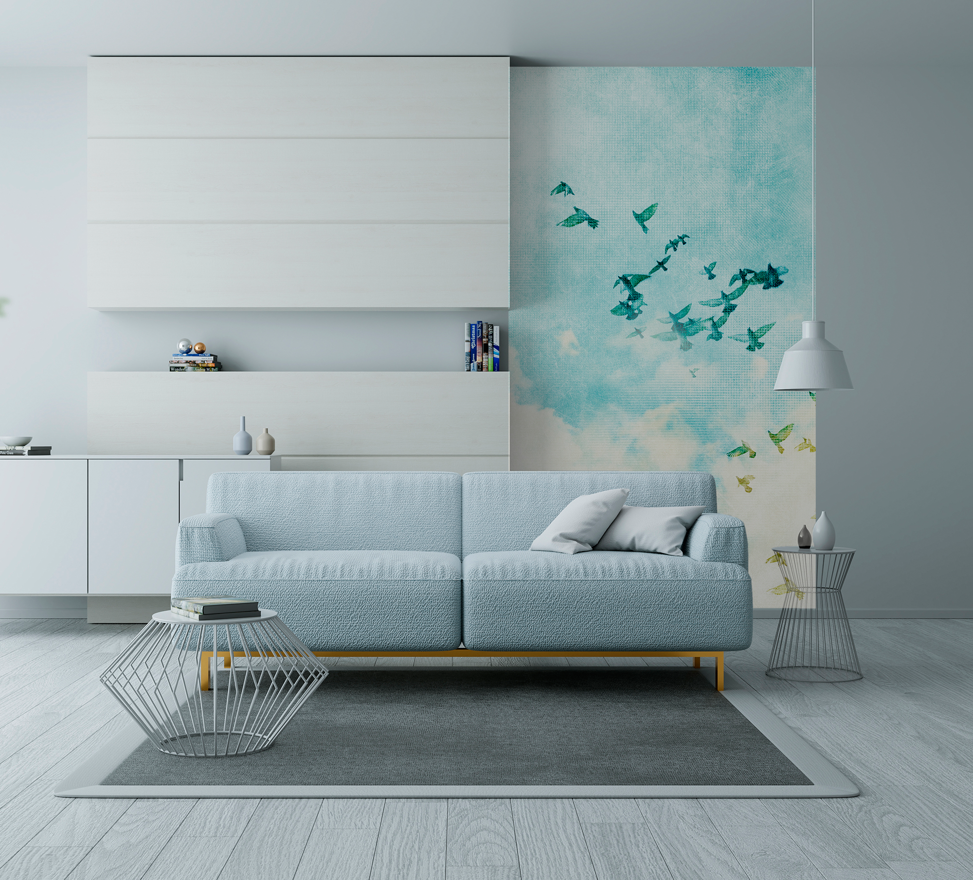 Mural textil animales fliying bird azul de 132 x 260 cm motif