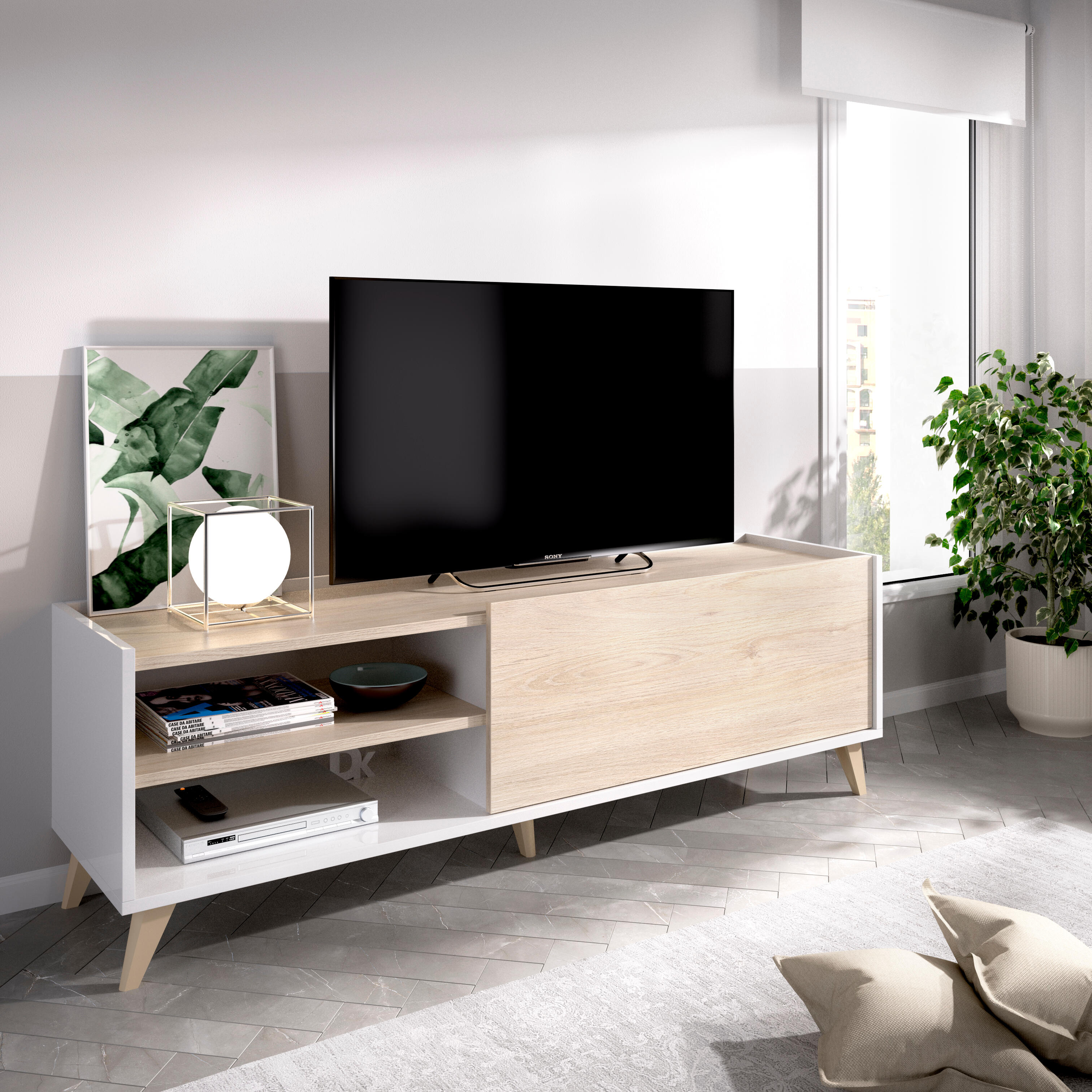 Mueble TV suspendido 130 cm con LED de 16 colores - 4 cajones - blanco