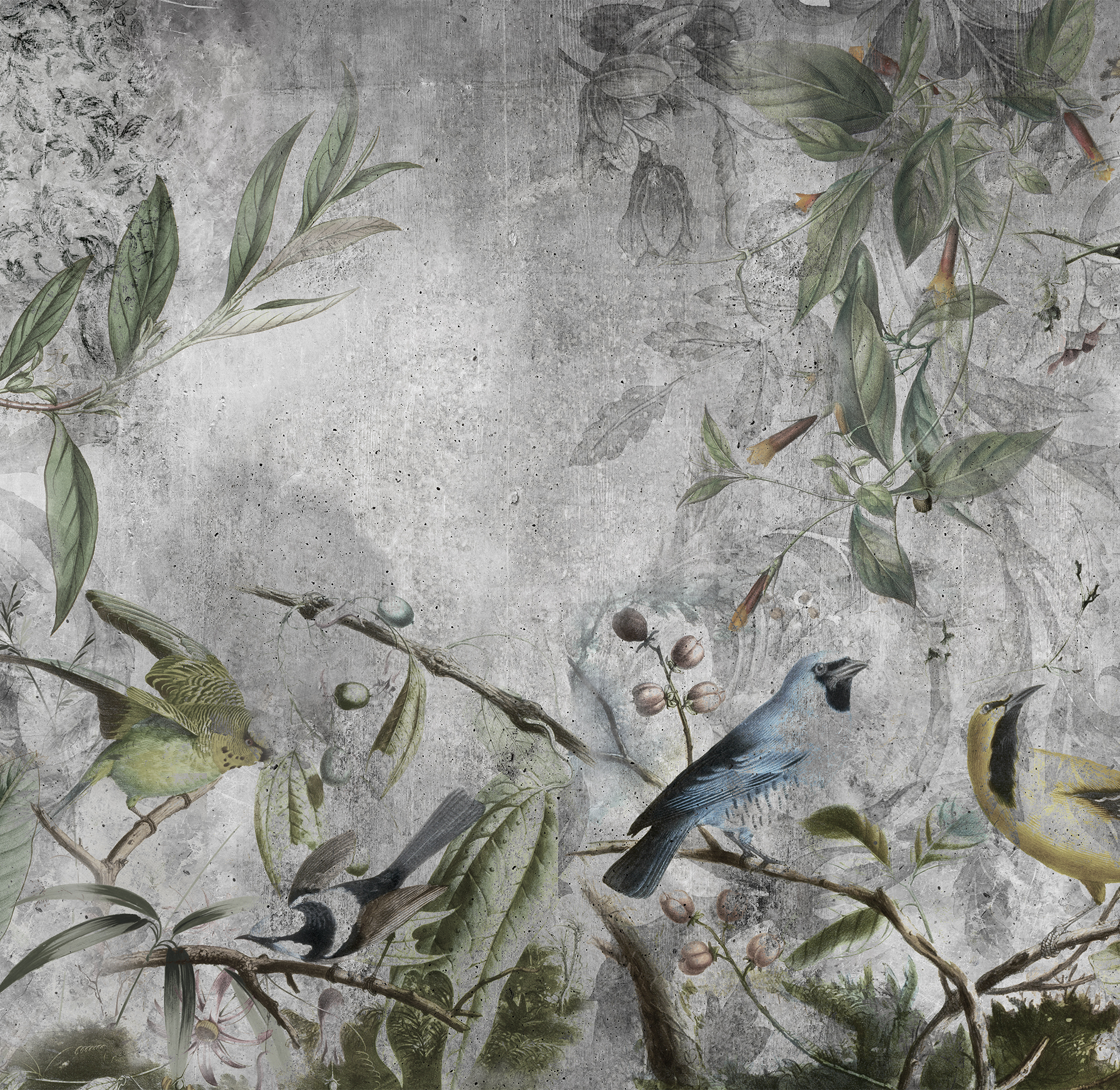 Mural adhesivo textil liso lavable animales Pájaros Tropicales verde 257 x 250 cm MOTIF - 5