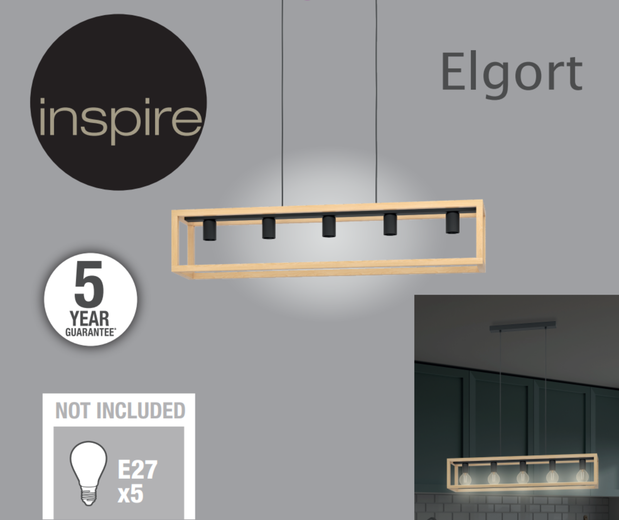 Lámpara de techo colgante de acero marrón y negro ø20 y 100 cm de ancho Elgort INSPIRE 5 luces E27. Altura máxima 110 cm - 11