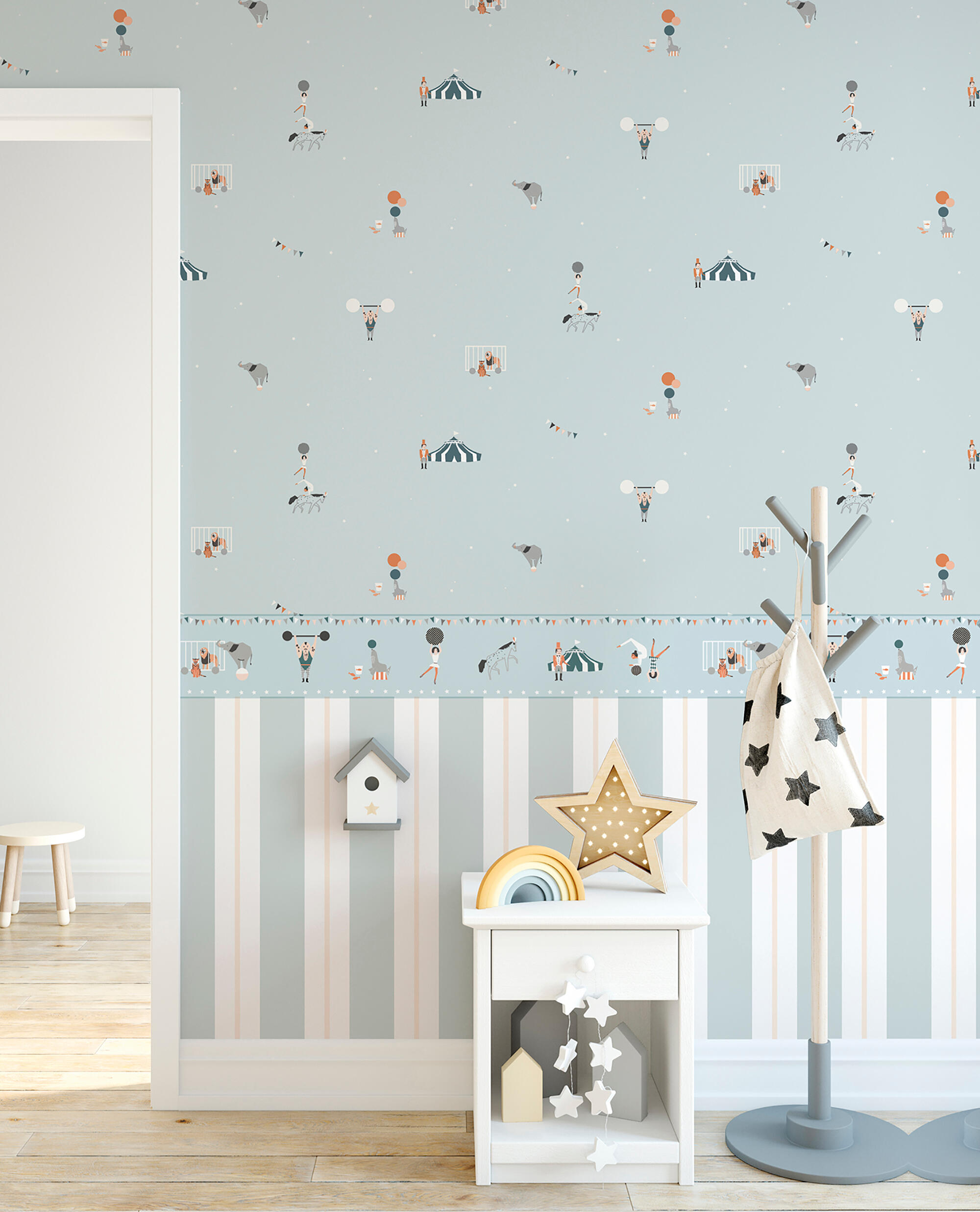 Papel pintado tnt aplicación cola en pared infantil 7000-1 circo azul ich 53cmx10.0m limpìeza con paño húmedo