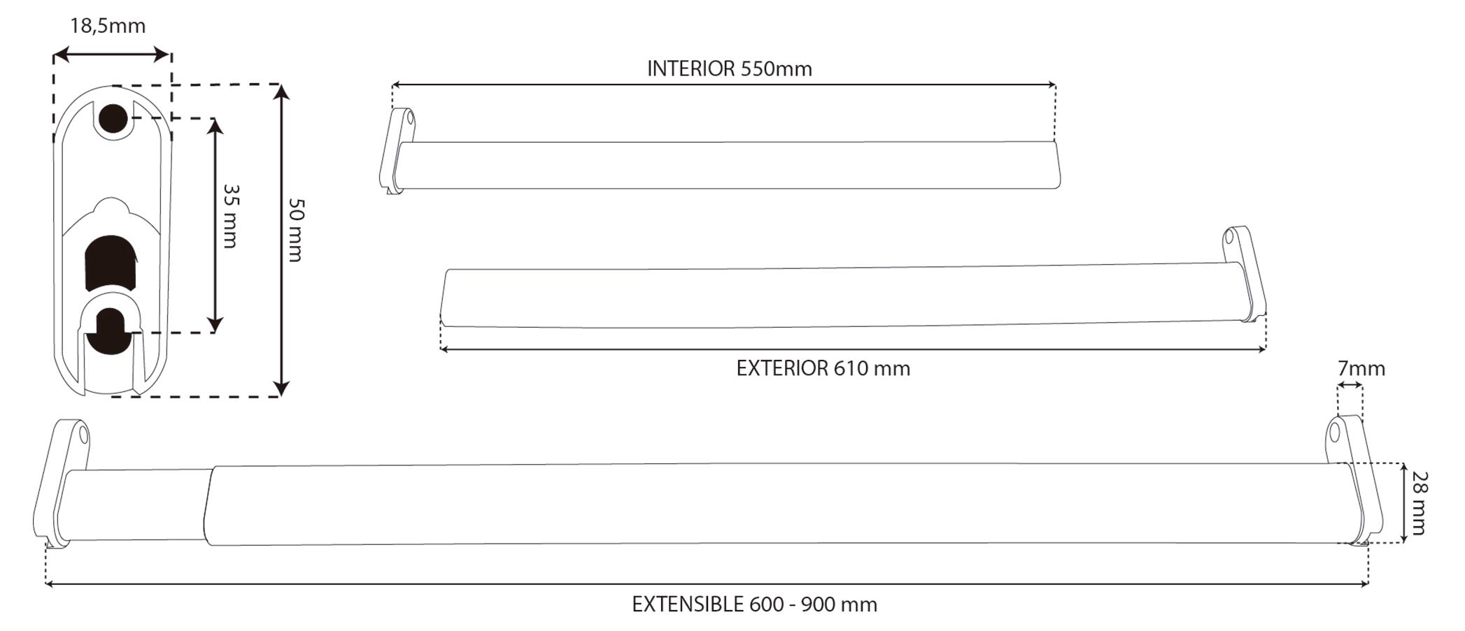 Kit varão e suportes EXTENSÍVEL OVAL CROMADO 60-90CM - 6