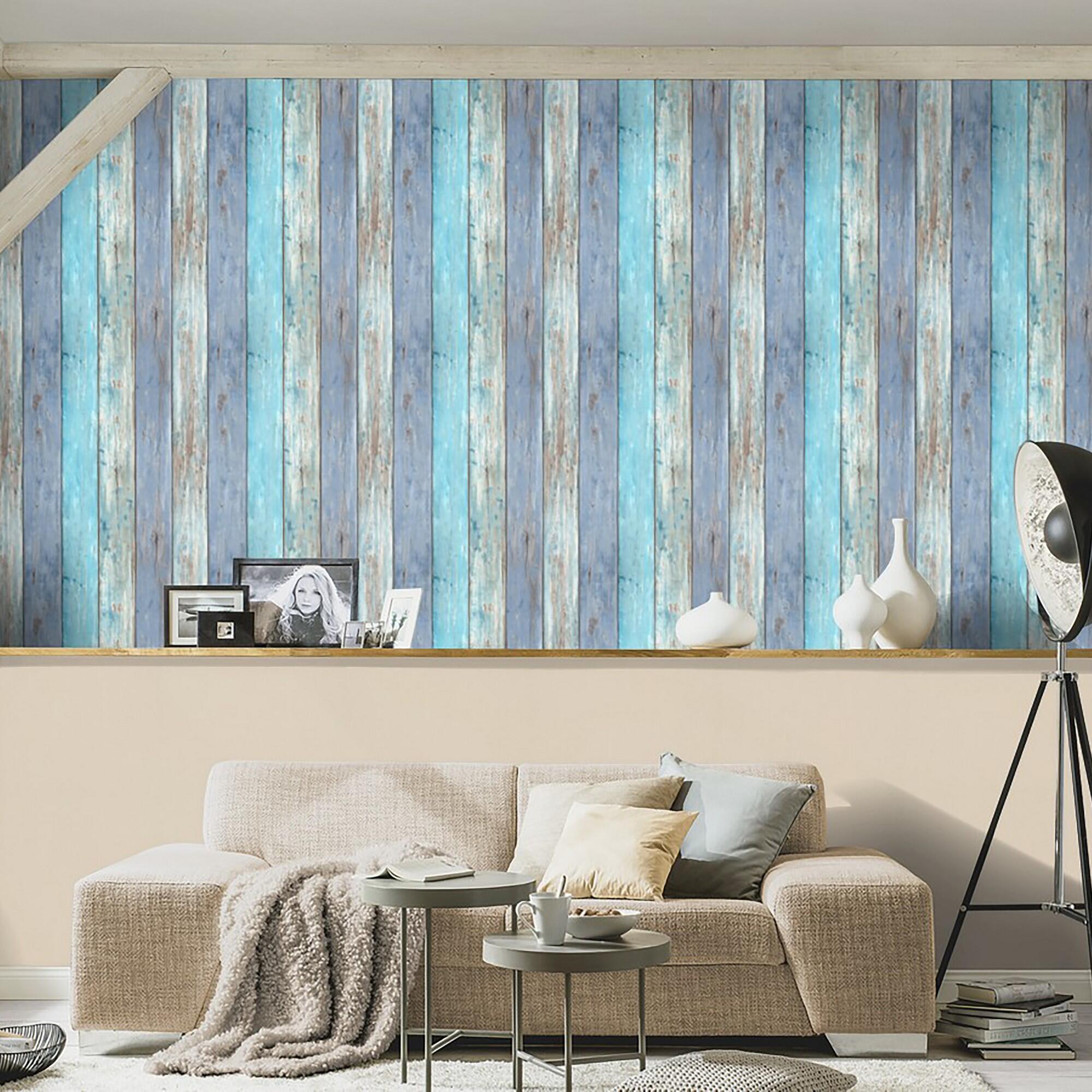 Papel pintado vinilo imitación material azul