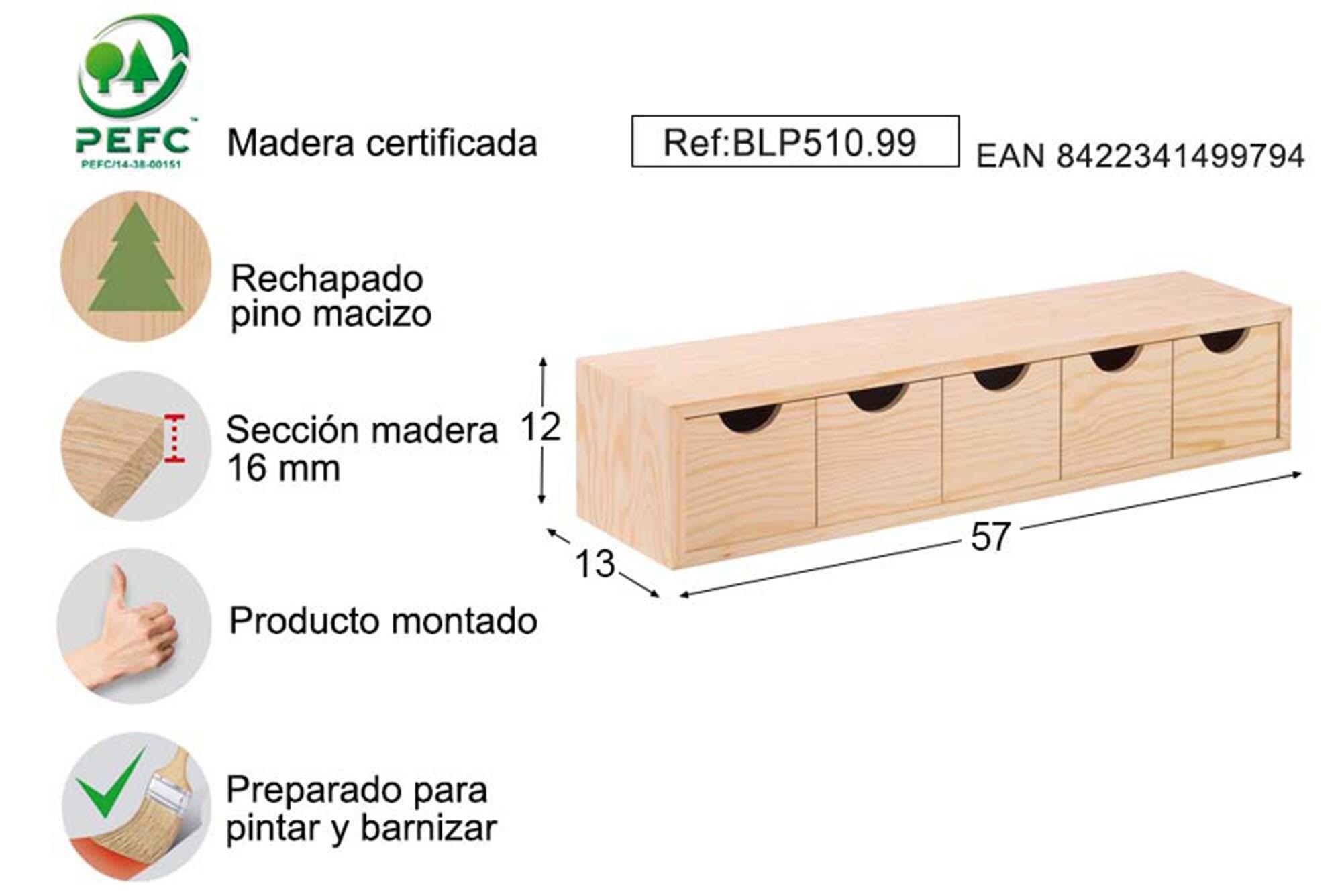 Cajonera de rechapado de pino macizo natural de 5 cajones - 2