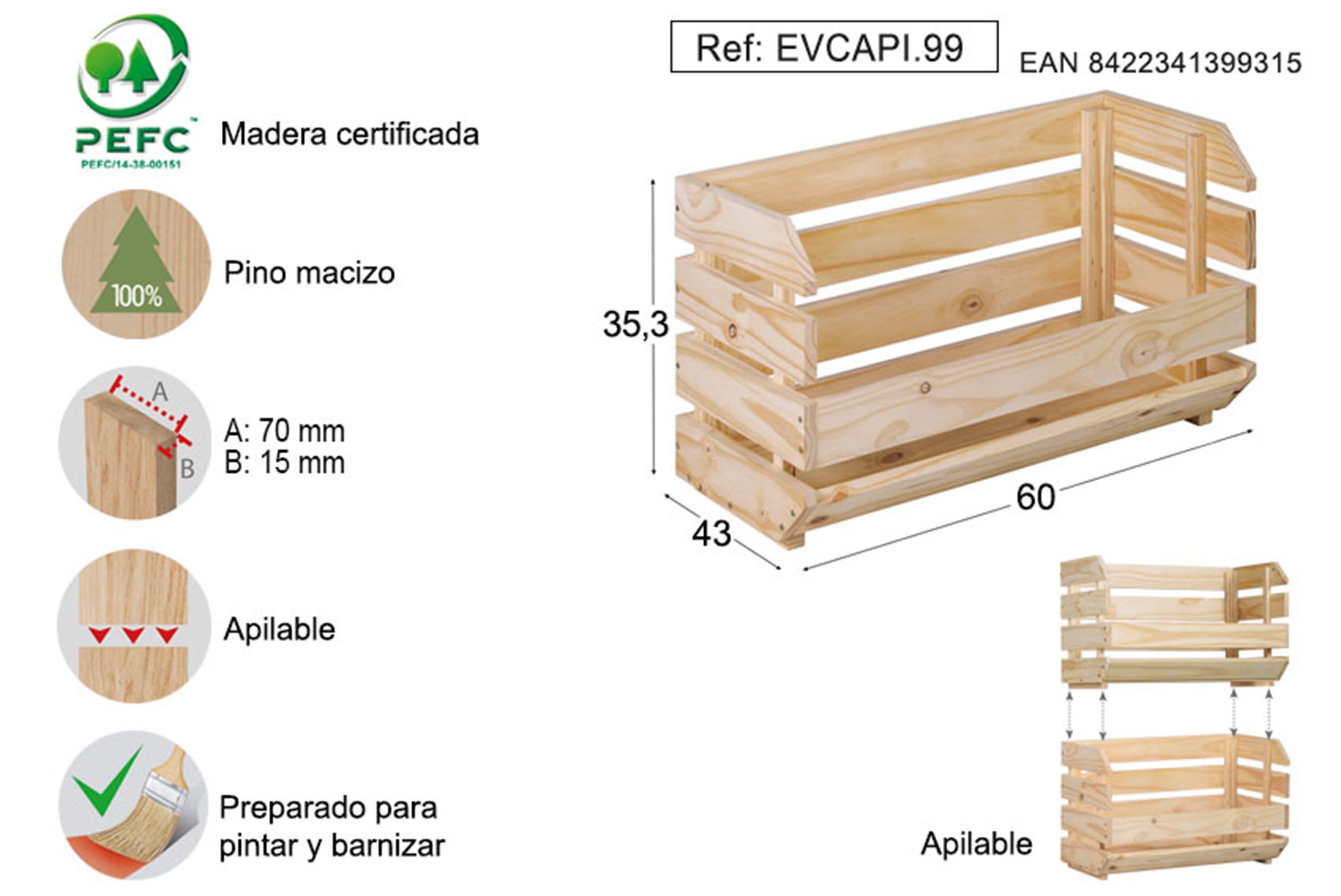 Caixa de madeira EVOLUTION EMPILHÁVEL 60X28.5X35.5CM - 6