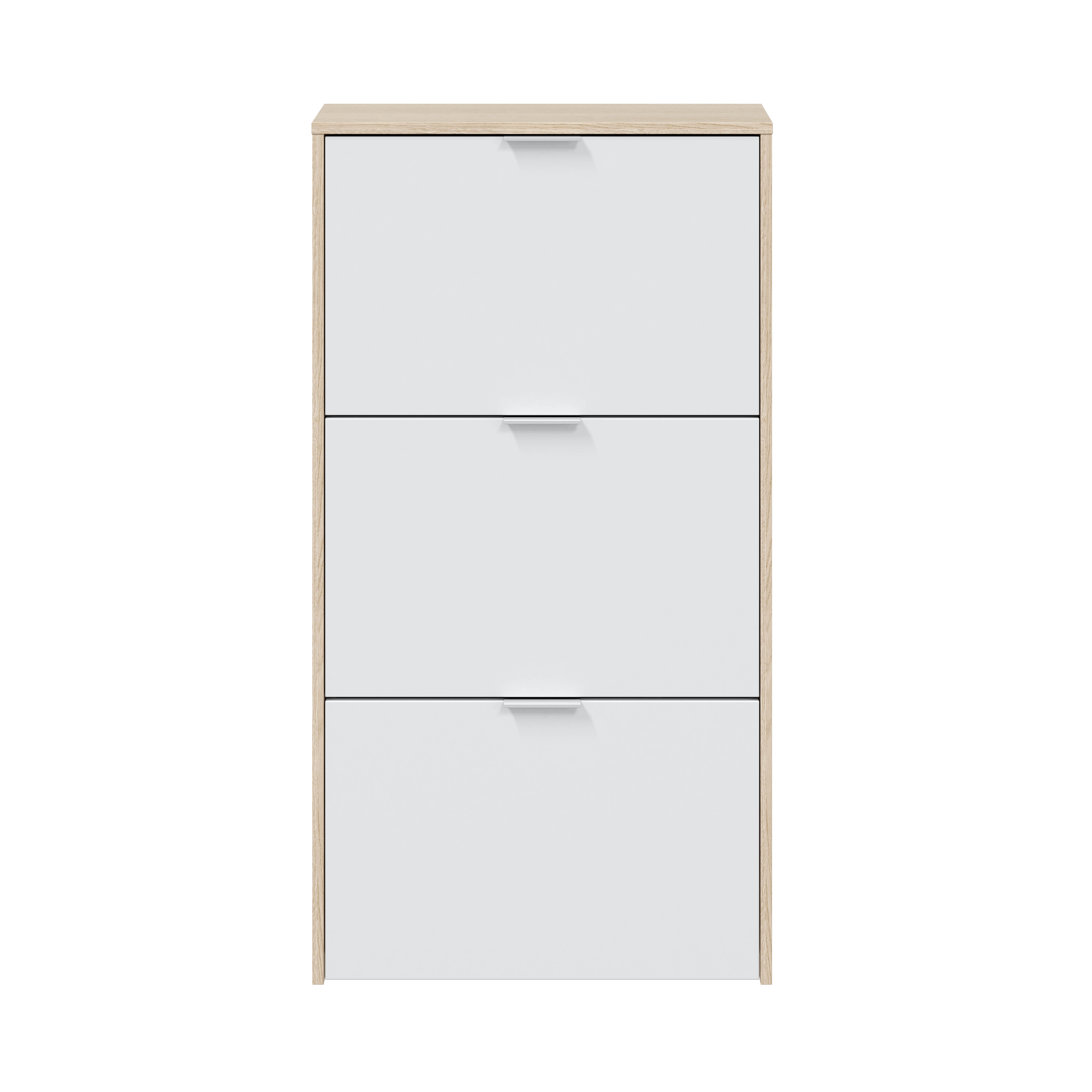 Zapatero Caprizzio con 3 compartimentos para 18 pares en melamina color blanco brillante y roble natural 60x113x22 cm - 7