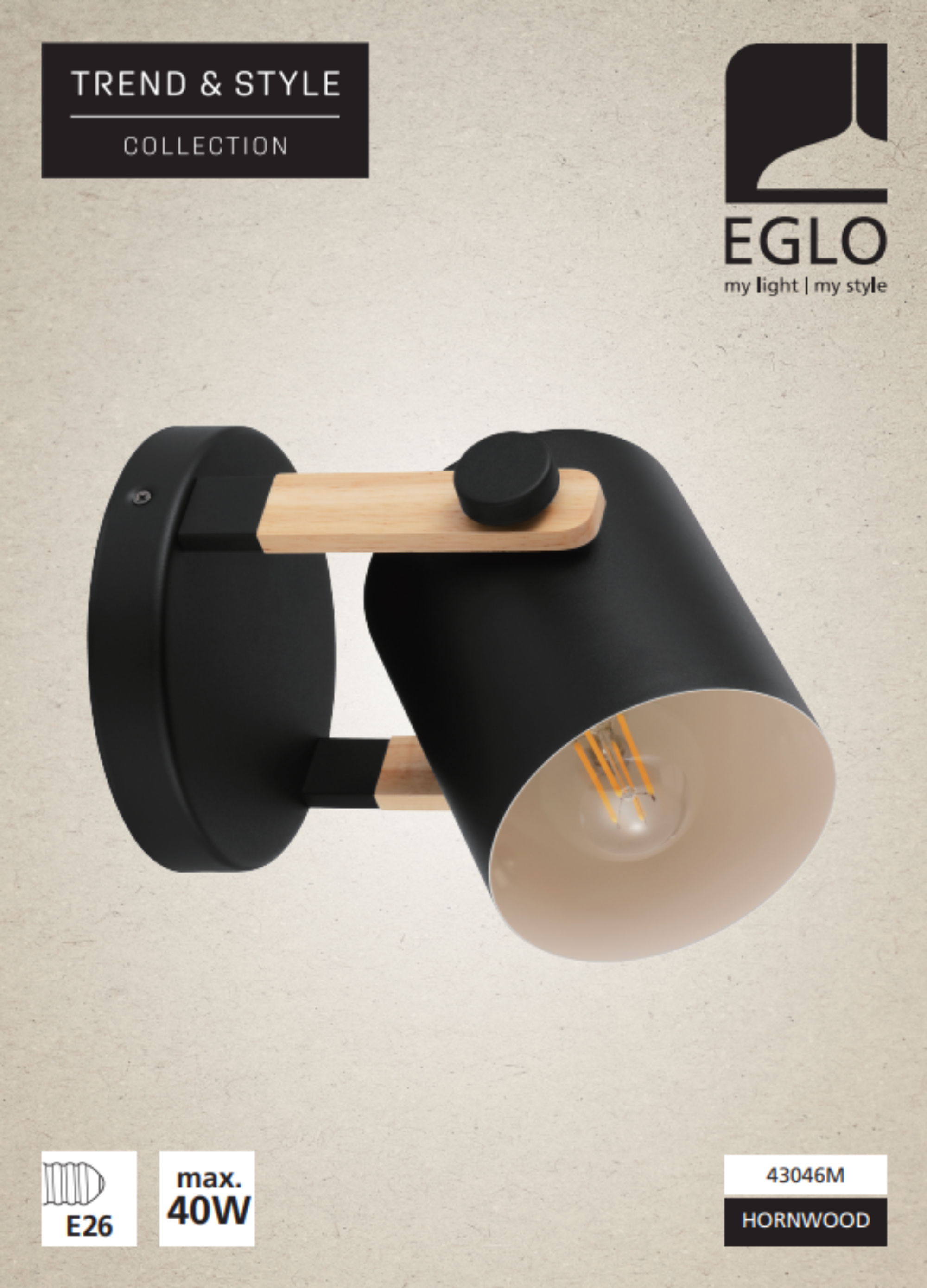 Candeeiro de parede HORNWOOD 1 LUZ E27 MADEIRA/PRETO - 5