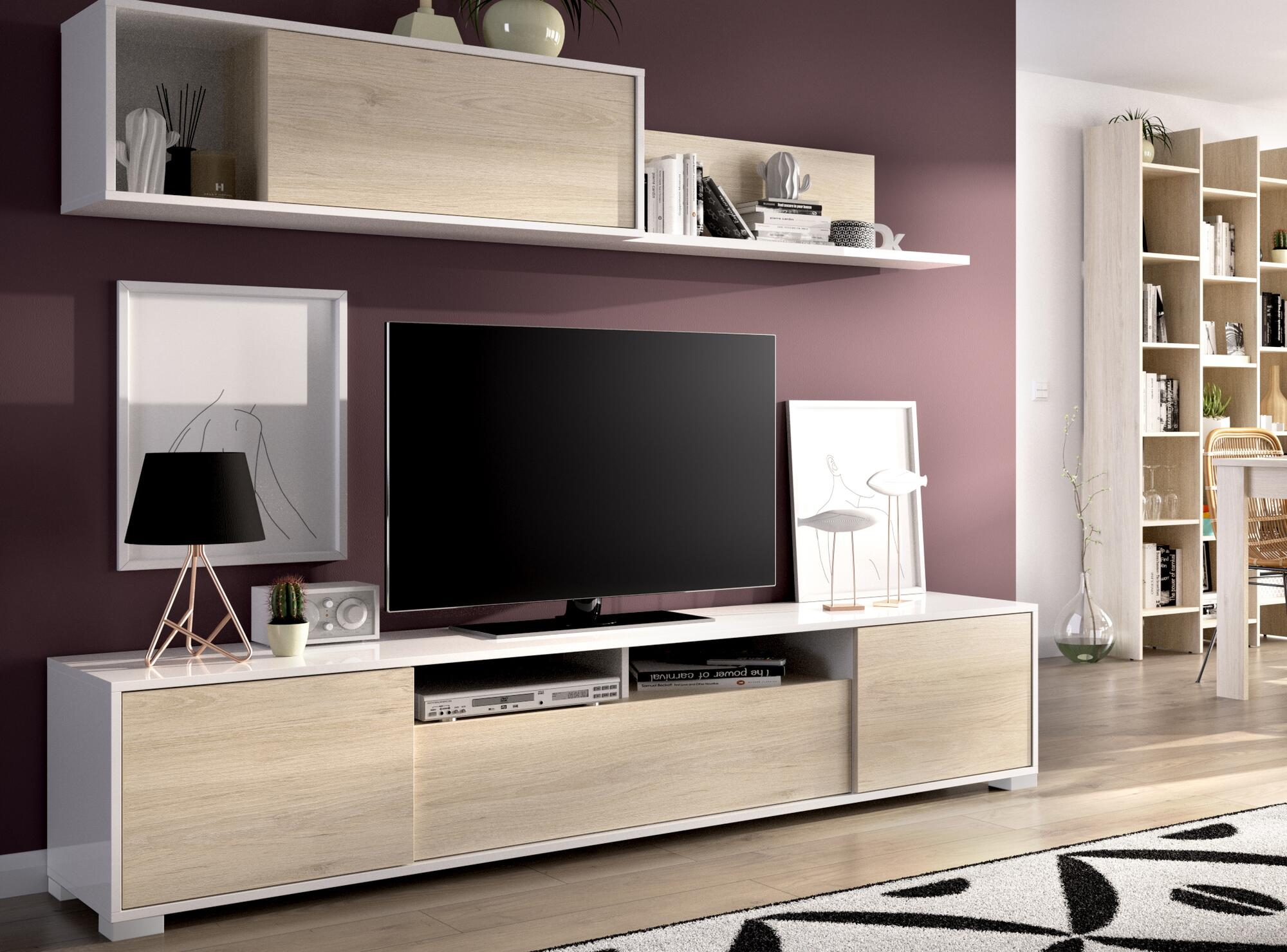 Mueble de salón y TV Essential blanco y roble 260x185x42 cm  (anchoxaltoxfondo)