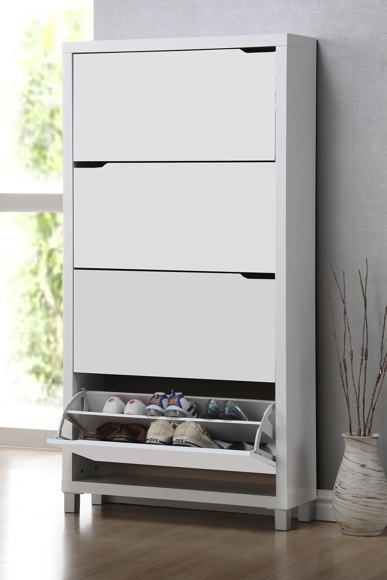 Zapatero kubox con 4 compartimentos para 24 pares en melamina color blanco 79x155x24 cm