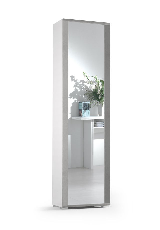 Scarpiera TERRANEO mobile multiuso con specchio 1 anta apertura battente, doppia profondità L 50 x H 182 x P 31 cm 14 paia, bianco e grigio cemento