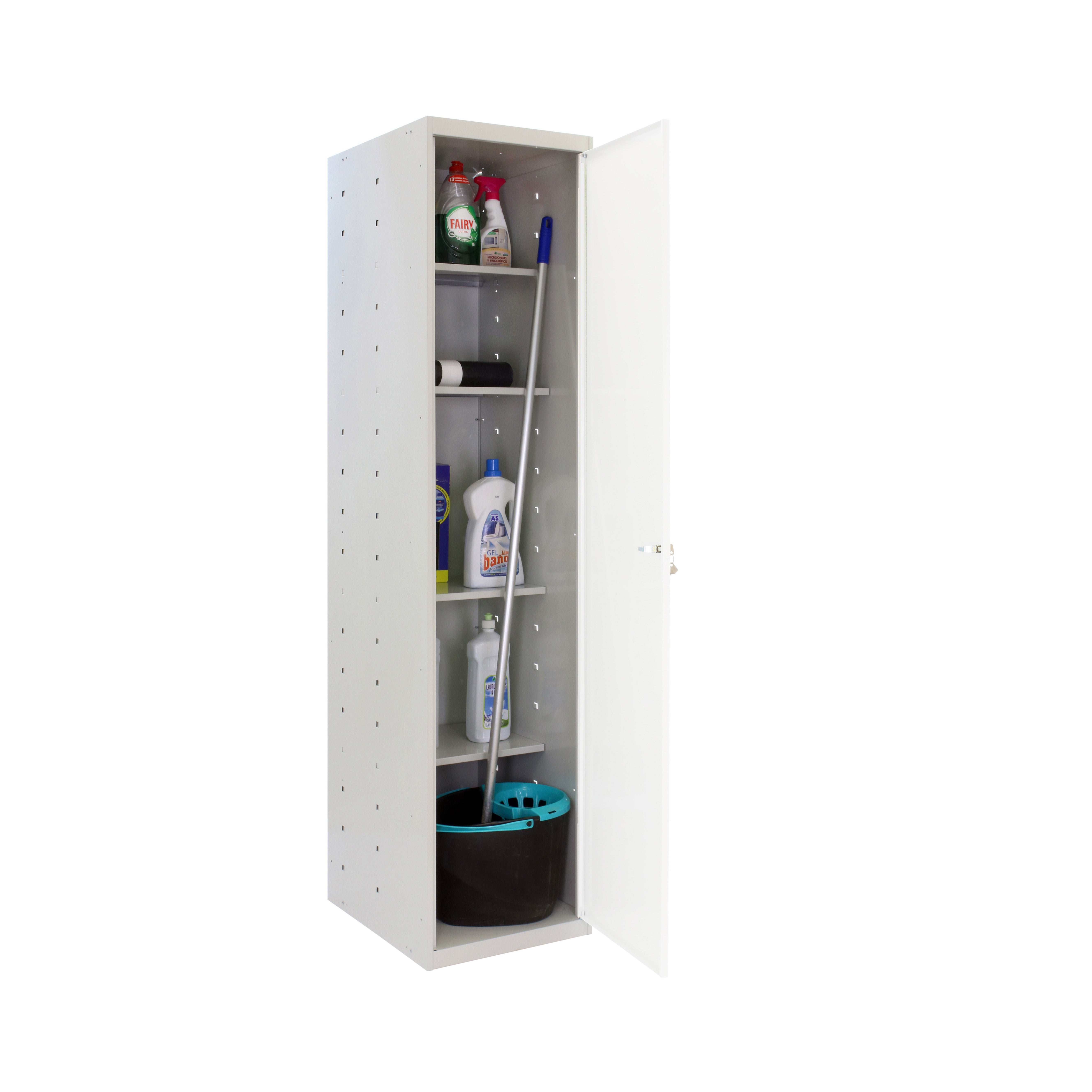 Armario escobero de acero 40x180x40 cm montado color gris/blanco 1 puerta