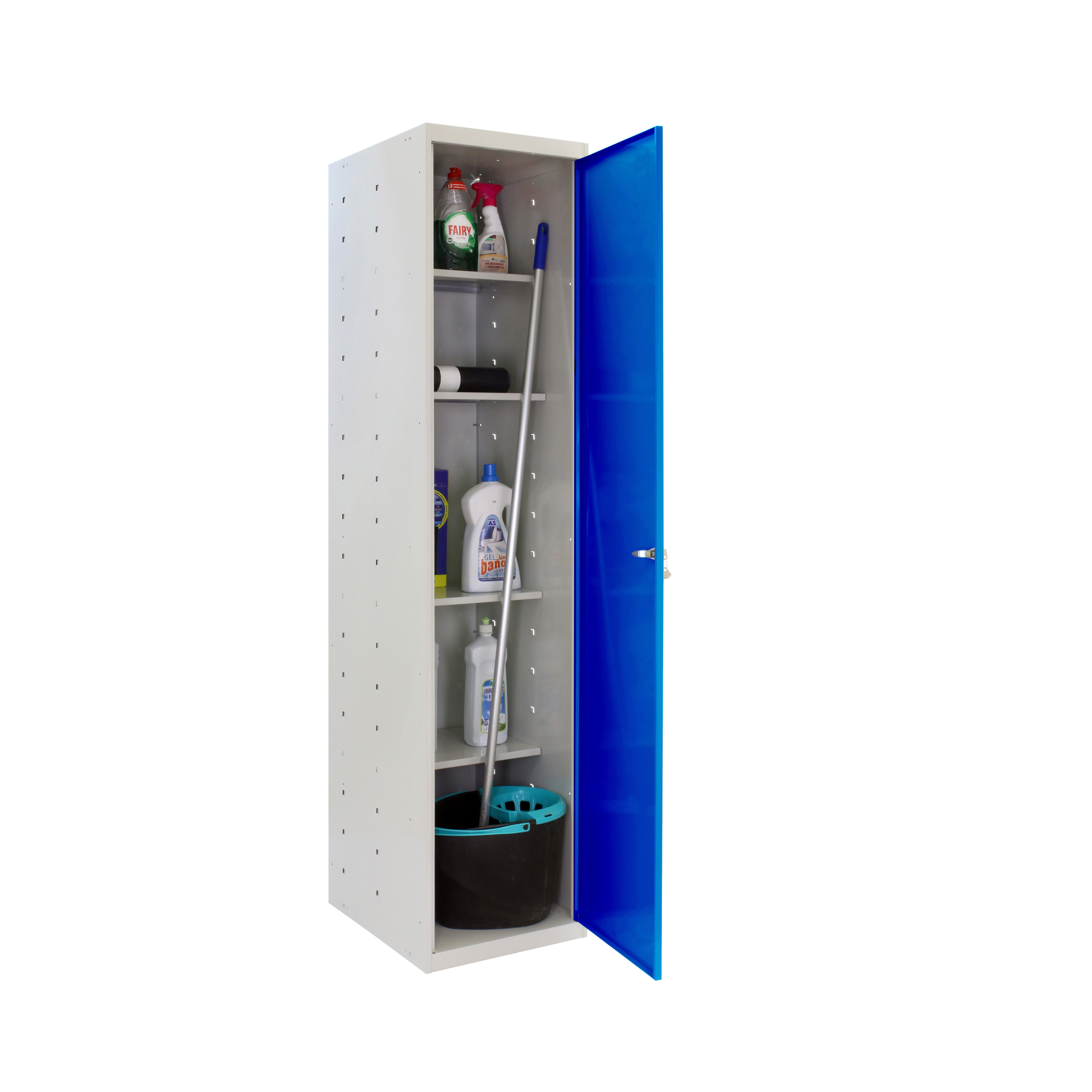 Armario escobero de acero 40x180x40 cm montado color gris/azul 1 puerta