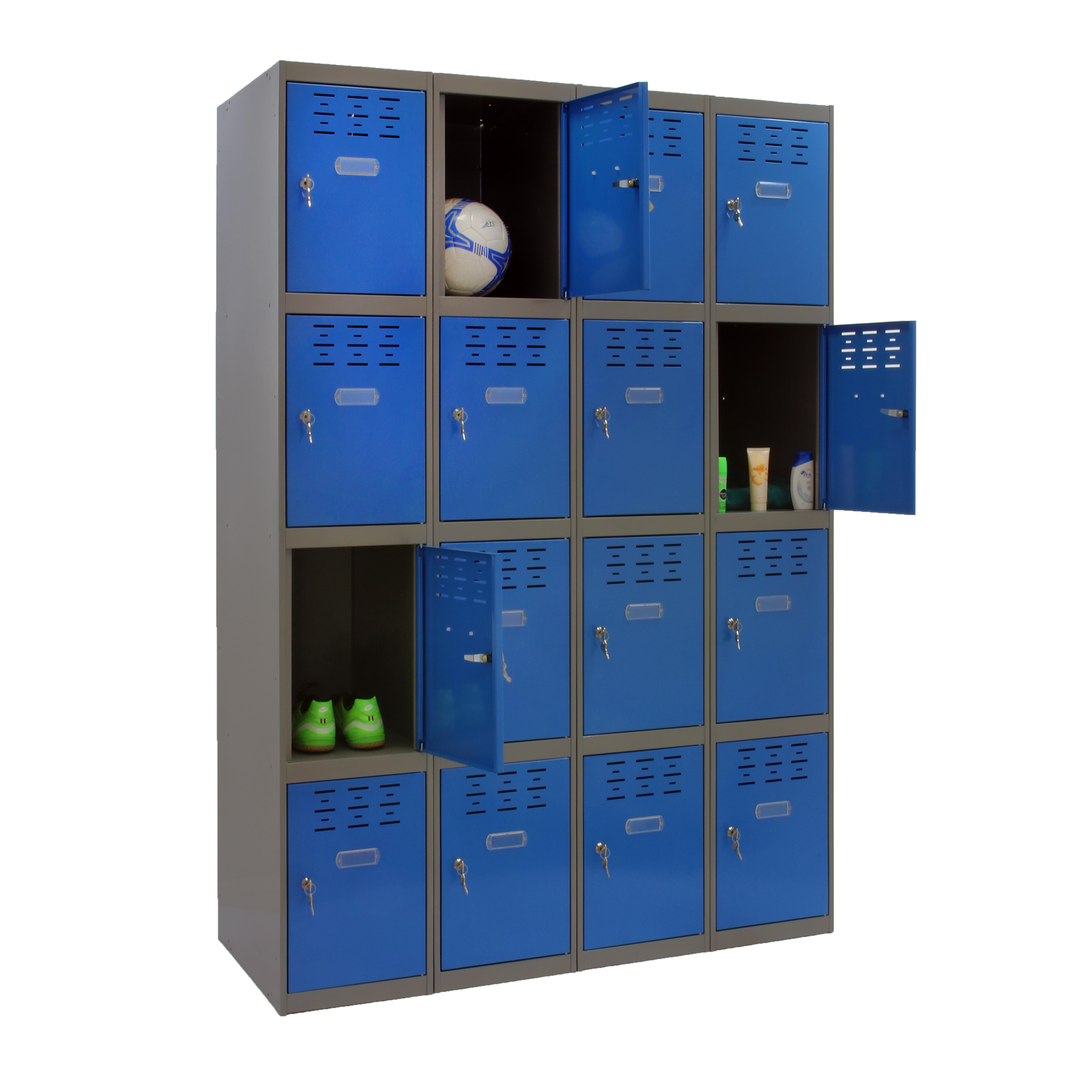 Casillero de acero 4x4, 180x120x50 cm montado color gris/azul 16 puertas