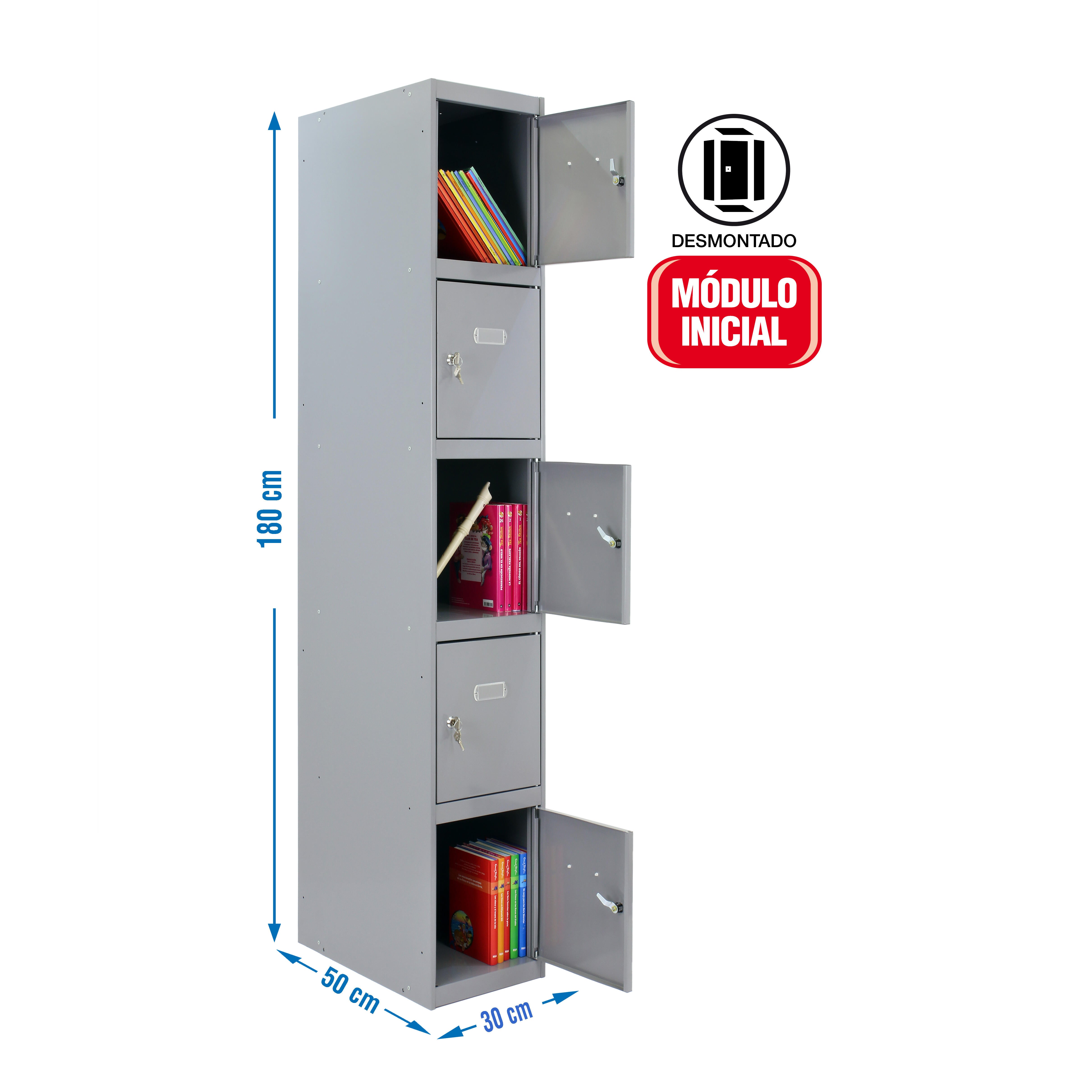 Casillero inicial de acero 5x1, 180x30x50 cm desmontado color gris 5 puertas - 2
