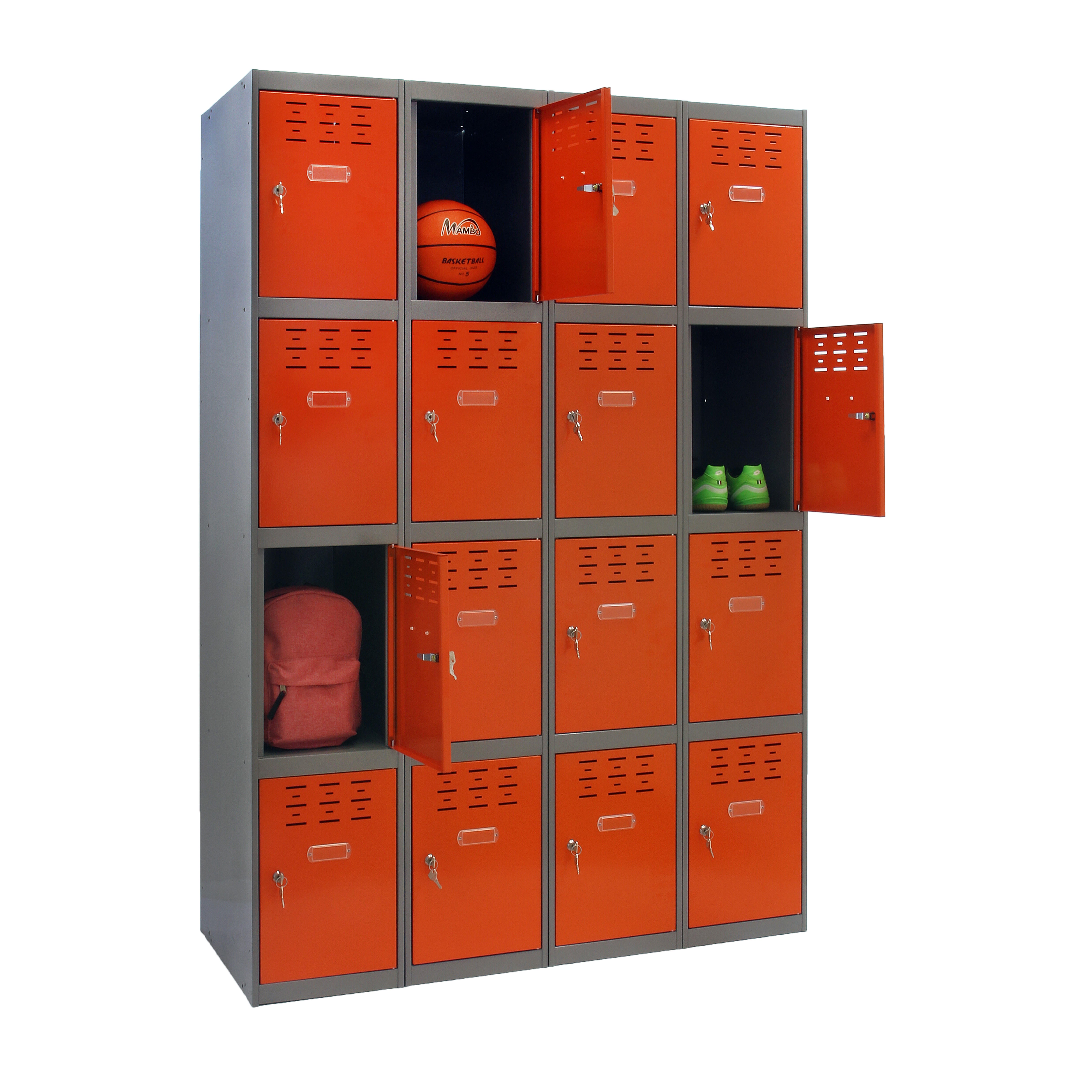 Casillero de acero 4x4, 180x120x50 cm montado color gris/naranja 16 puertas