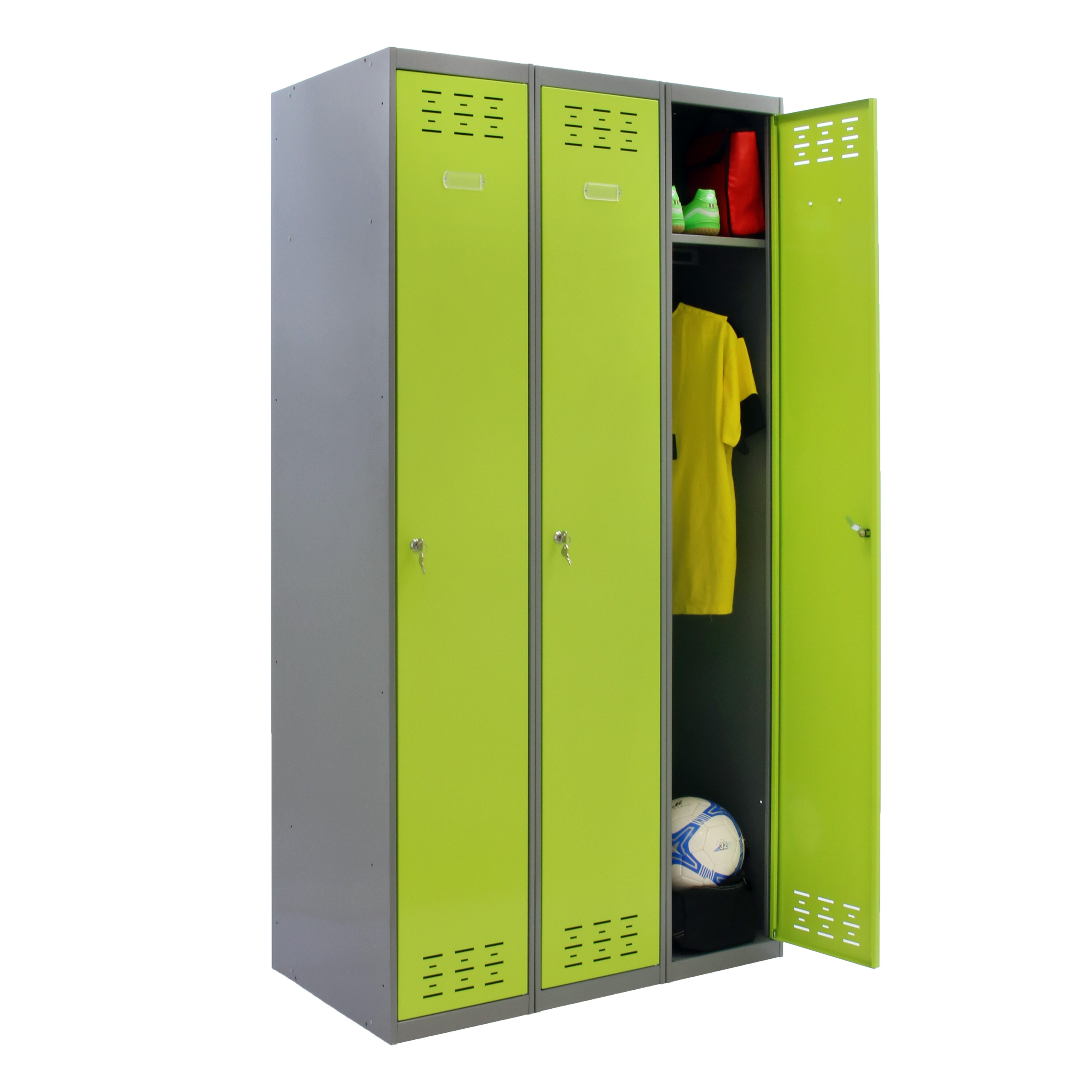 Taquilla single de acero 90x180x50 cm montada color gris/verde 3 puertas