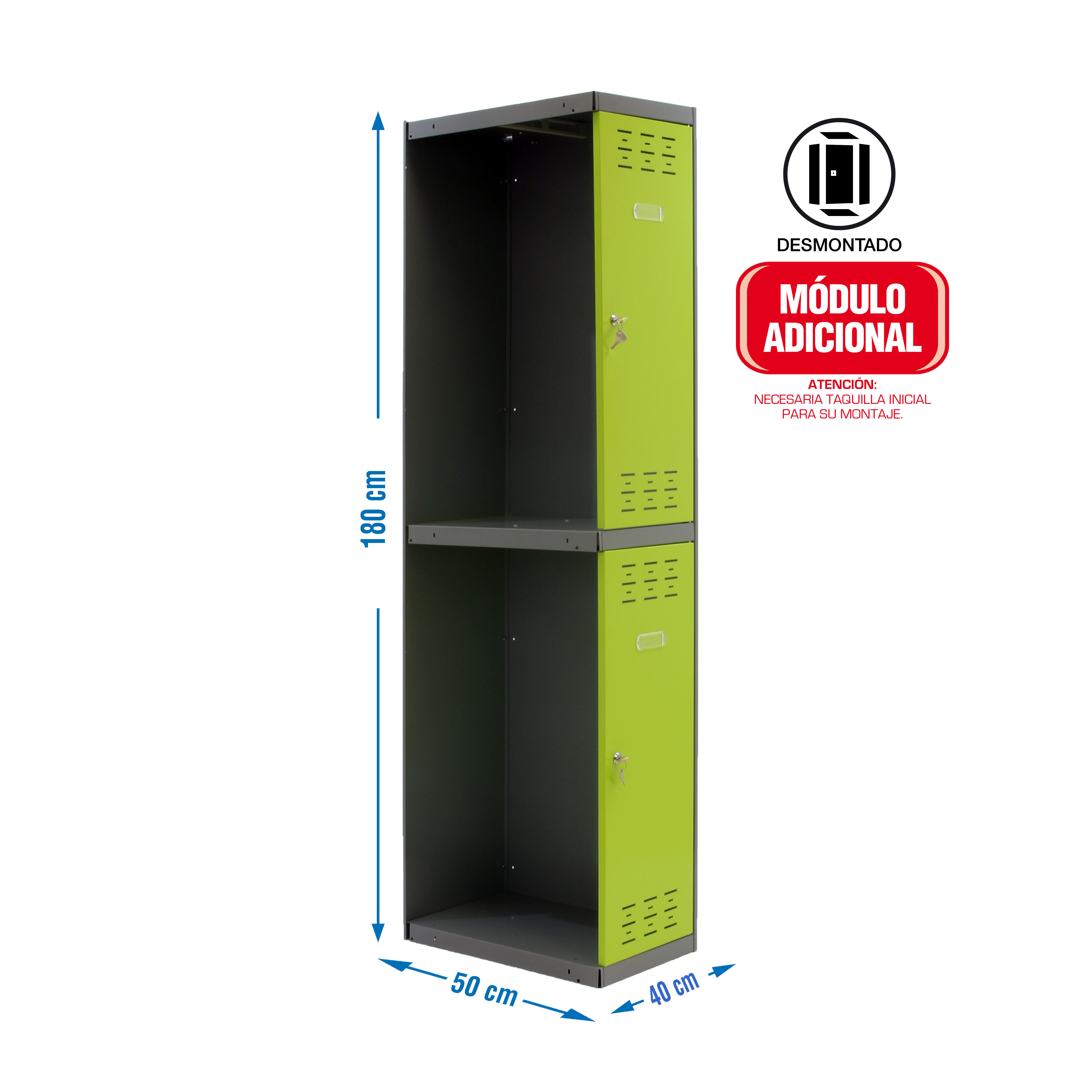 Taquilla biplaza adicional de acero 40x180x50 cm desmontada gris/verde 2 puertas