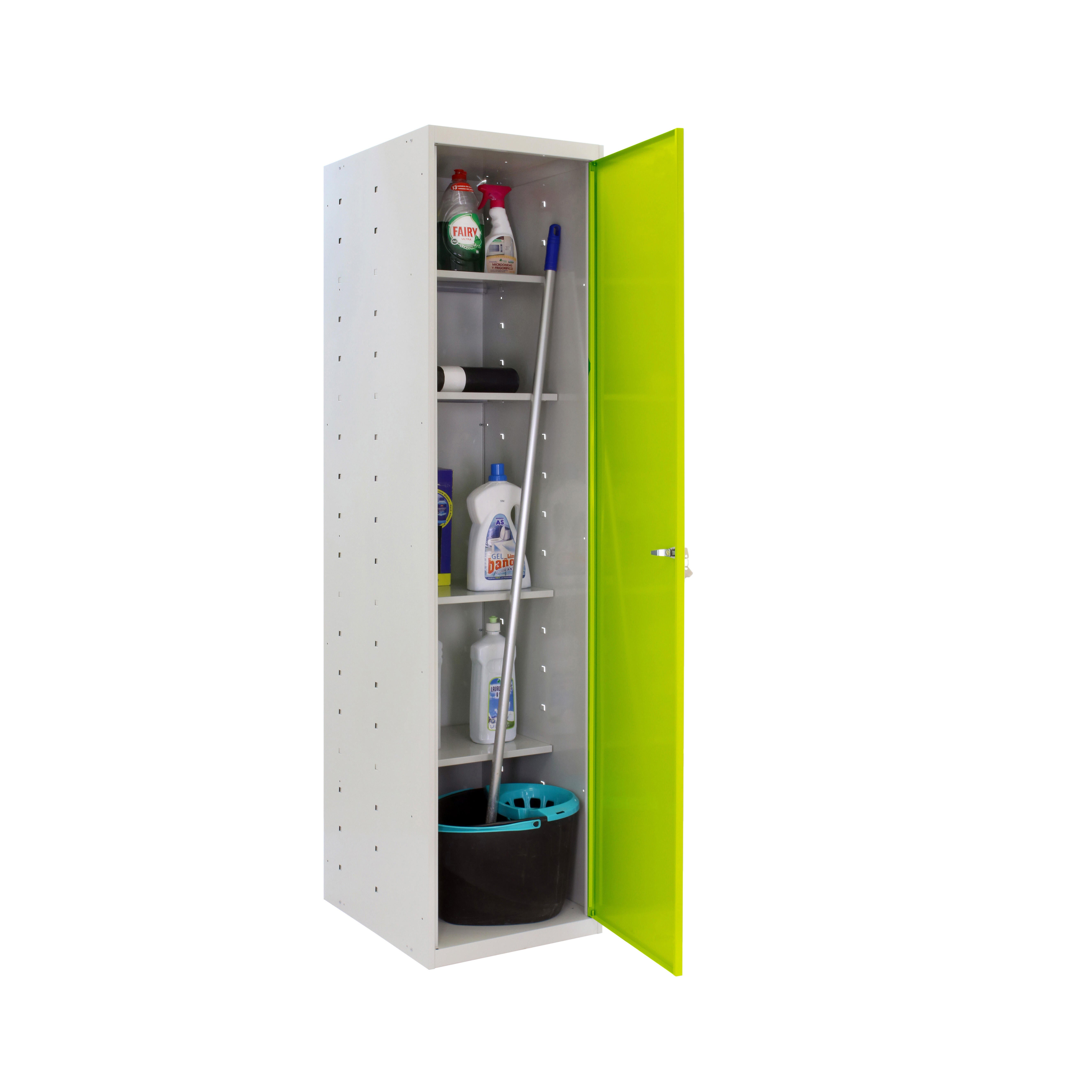 Armario escobero de acero 40x180x40 cm montado color gris/verde 1 puerta