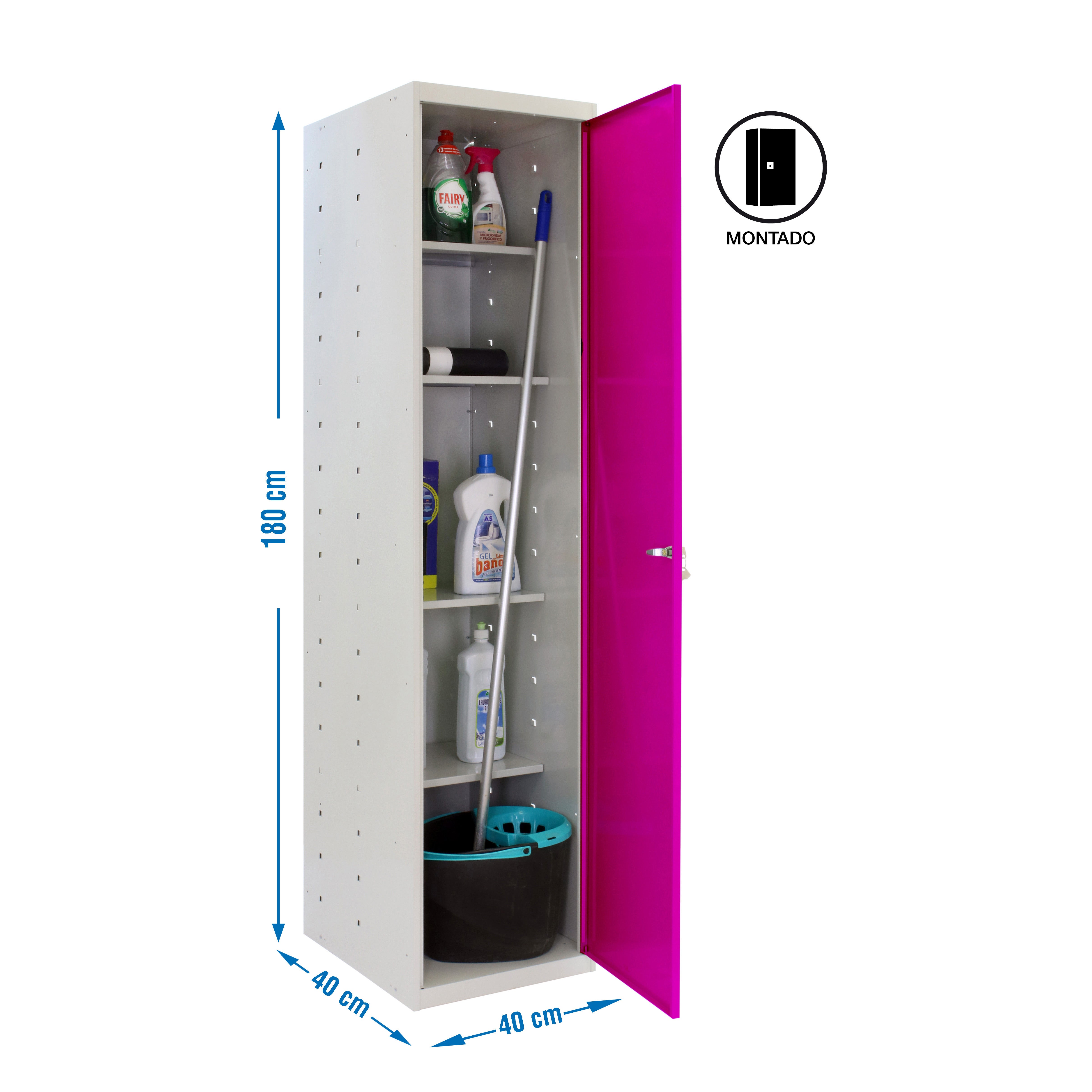 Armario escobero de acero 40x180x40 cm montado color gris/rosa 1 puerta