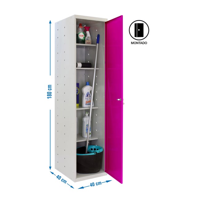 Armario escobero de acero 40x180x40 cm montado color gris/rosa 1 puerta