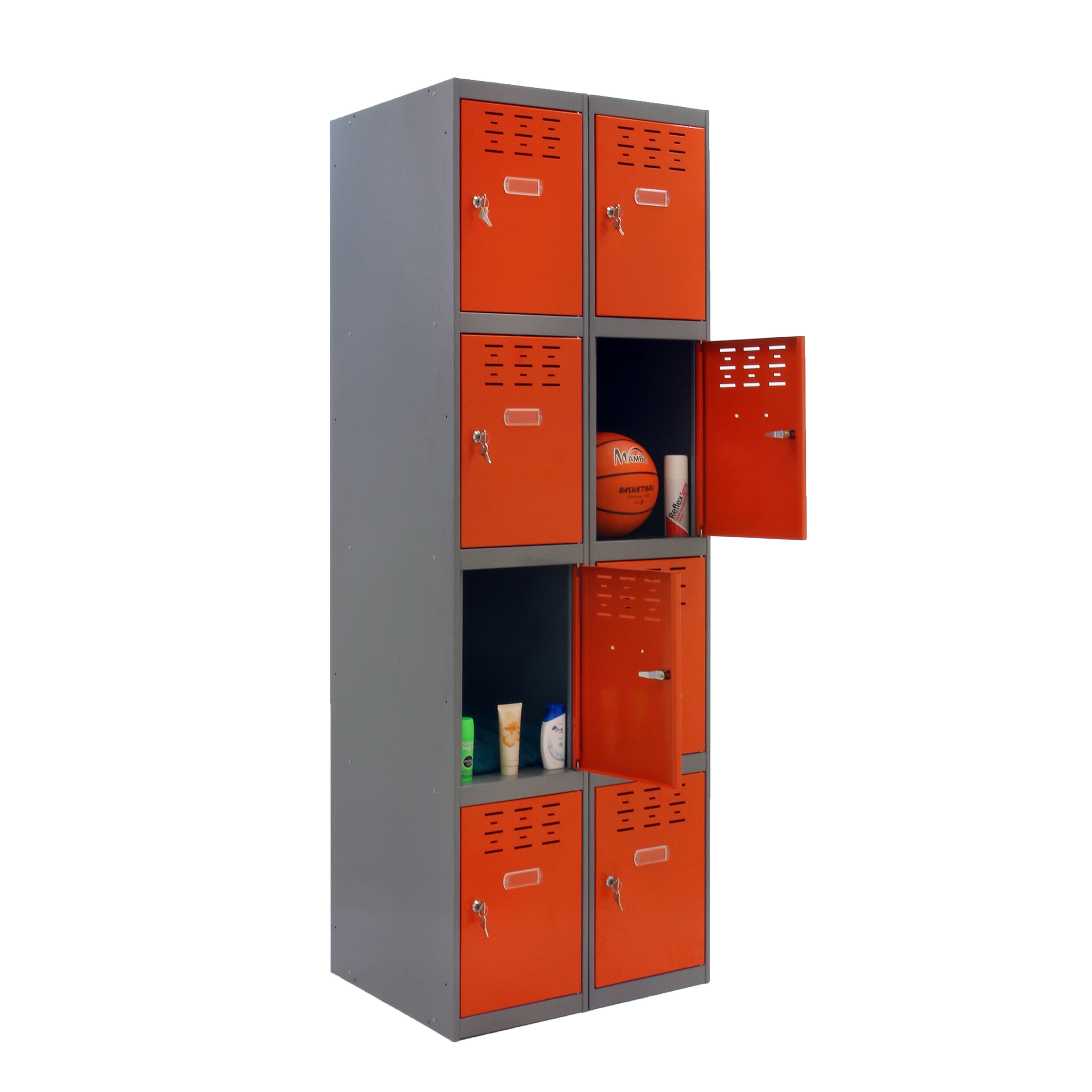 Casillero de acero 4x2, 180x60x50 cm montado color gris/naranja 8 puertas