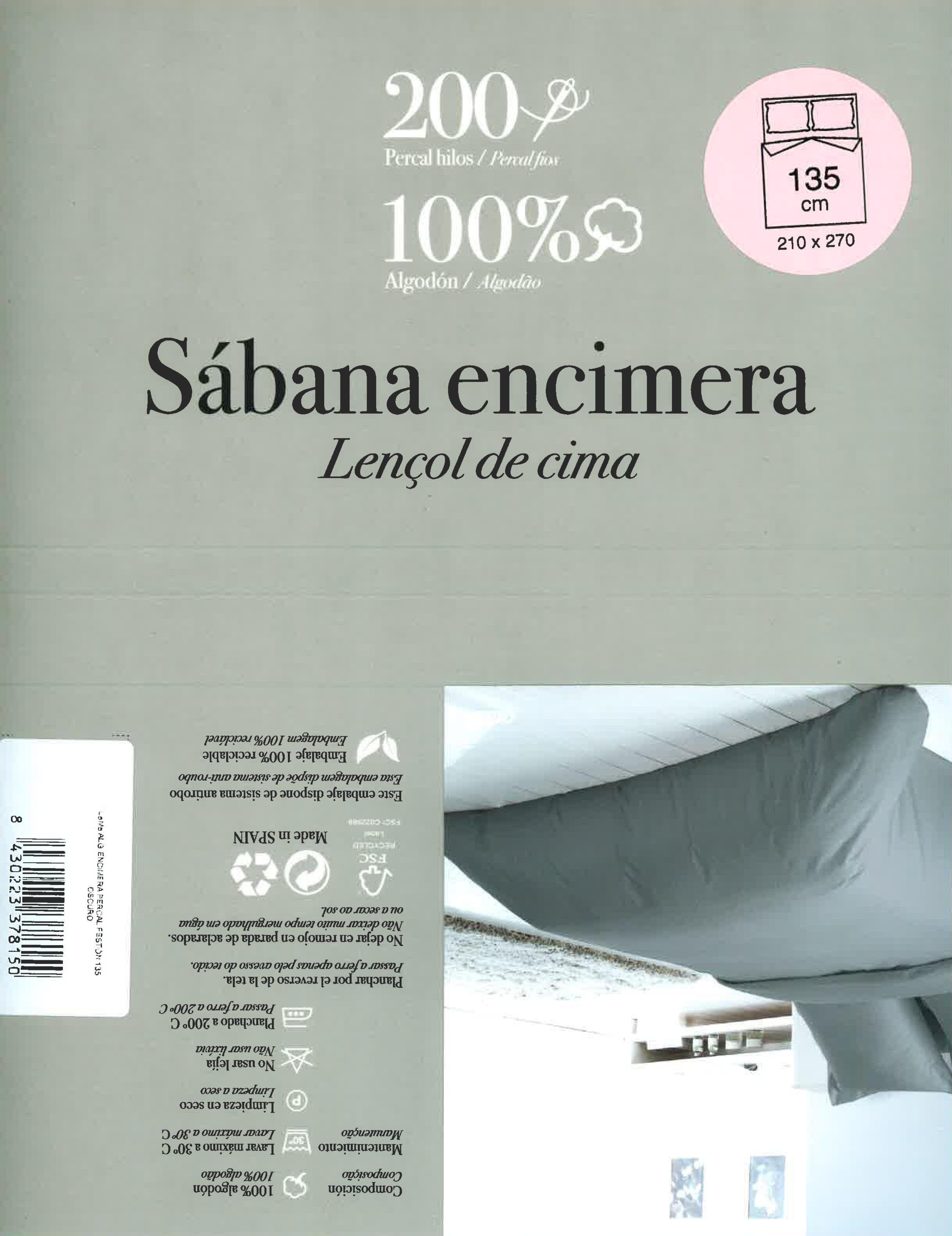 Sábana encimera de percal Festón gris para cama de 135 cm - 3