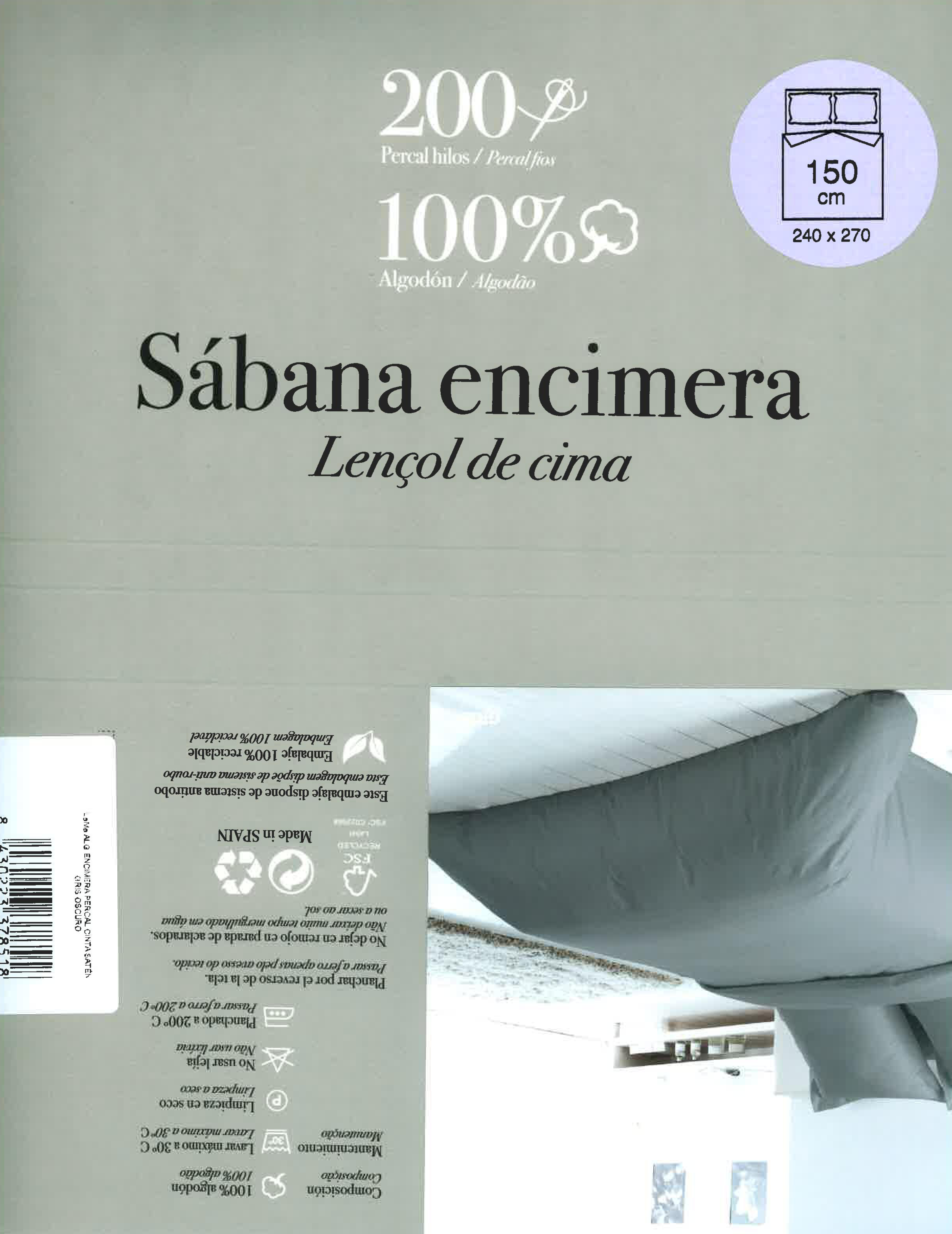 Sábana encimera Festón algodón percal 200 hilos gris 270x270 para cama de 150 cm - 3