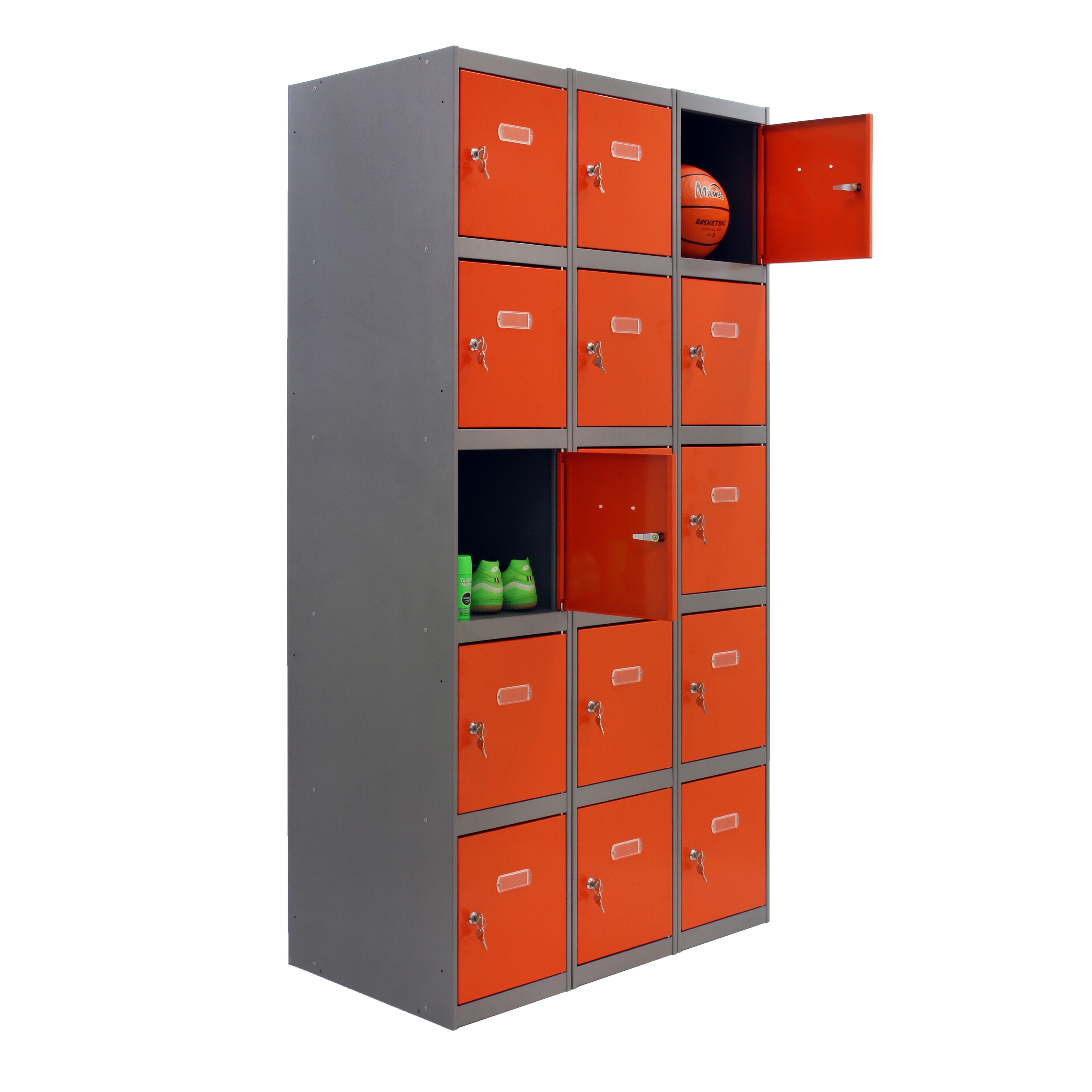 Casillero de acero 5x3, 180x120x50 cm montado color gris/naranja 15 puertas