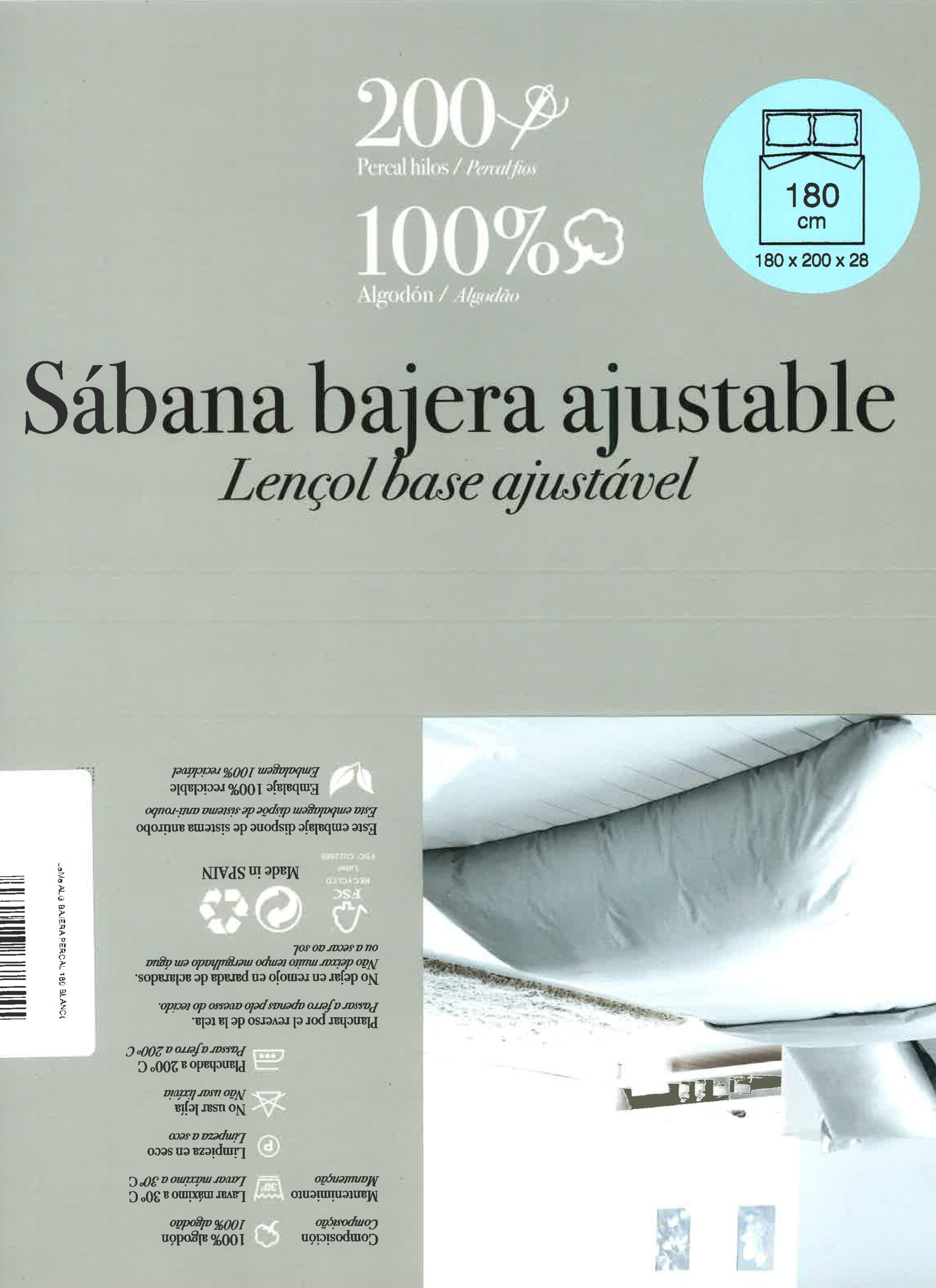 Sábana bajera con elástico algodón percal 200 hilos Vainica blanco 180x270 para cama de 180 cm - 6