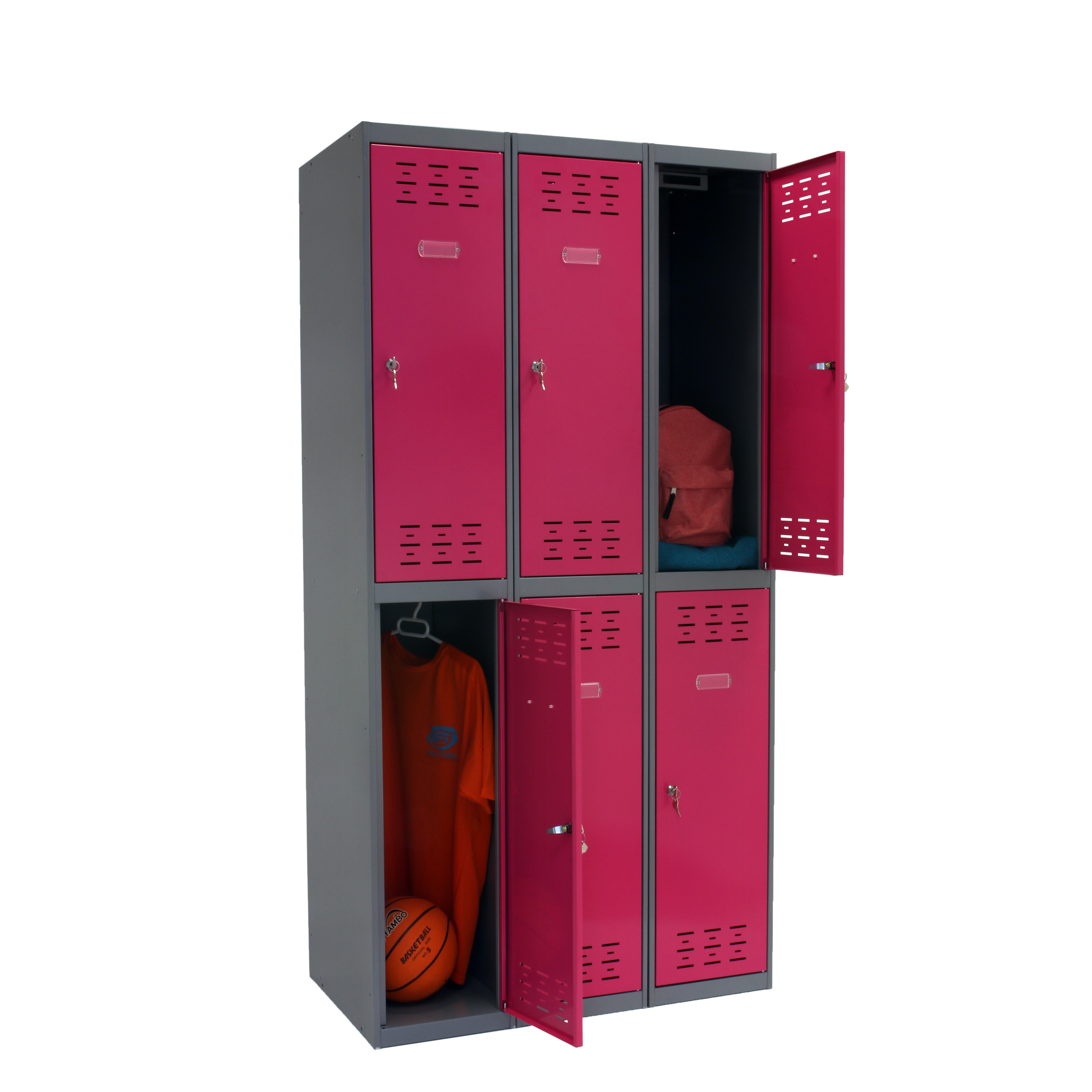 Taquilla biplaza tandem de acero 90x180x50 cm montada color gris/rosa 6 puertas