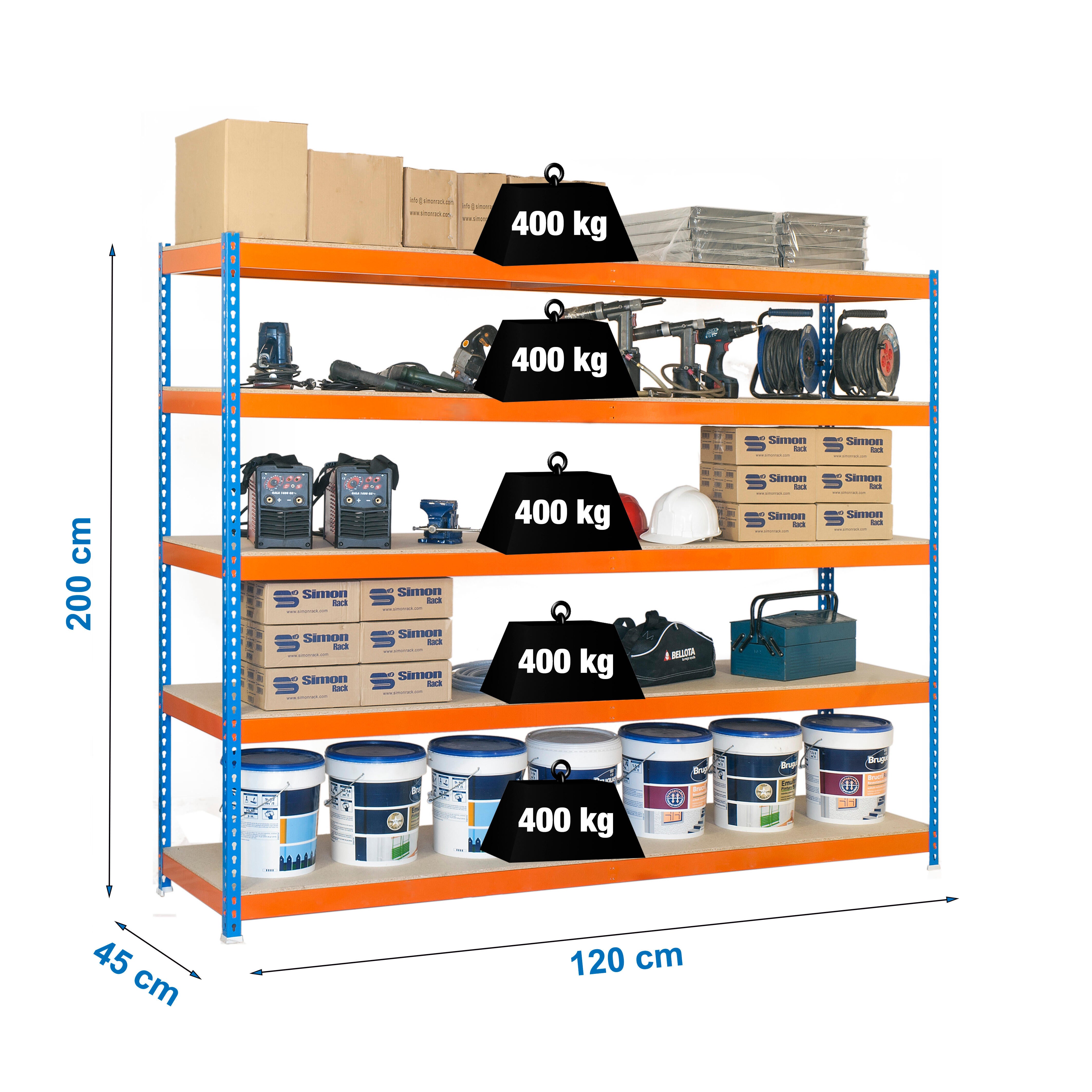Estante metálica multicor 5 prateleiras madeira 120x45x200 cm 400 kg Simonrack - 3
